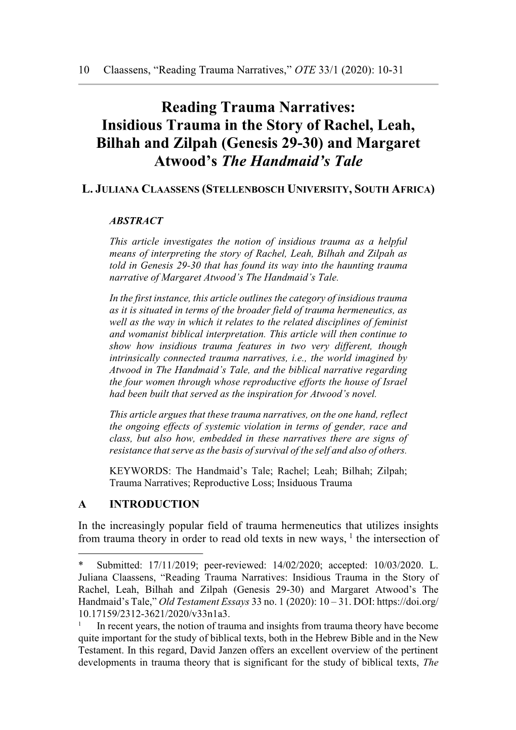 Insidious Trauma in the Story of Rachel, Leah, Bilhah and Zilpah (Genesis 29-30) and Margaret Atwood’S the Handmaid’S Tale