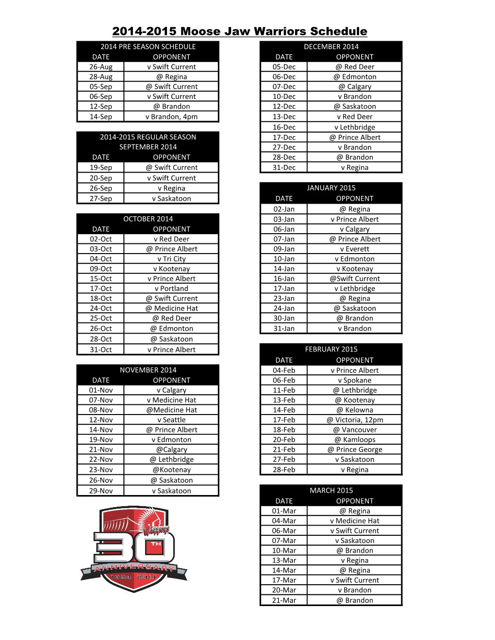2014-2015 Moose Jaw Warriors Schedule