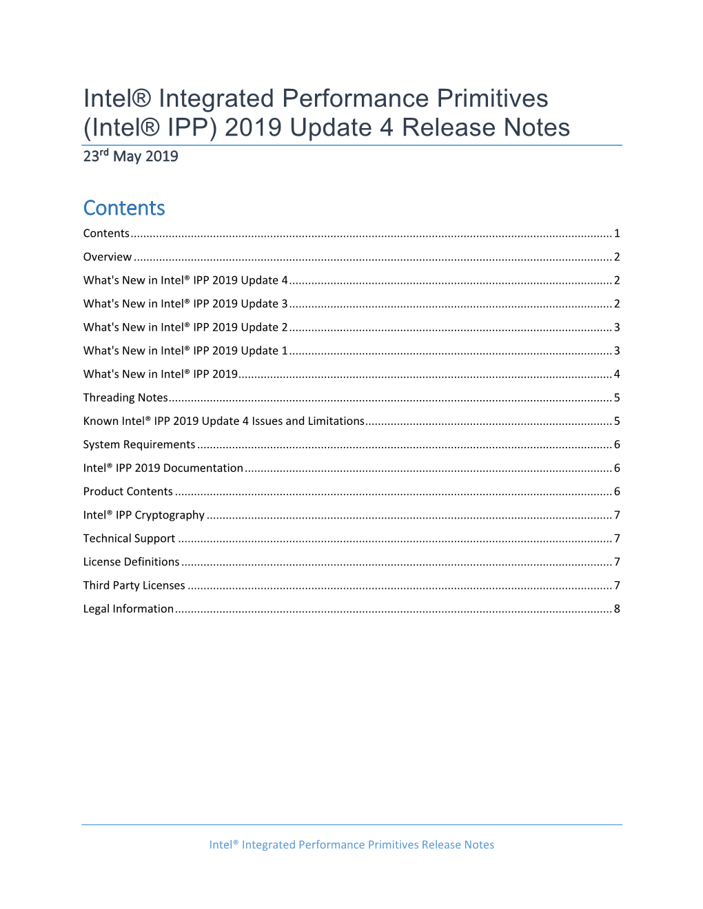 (Intel® IPP) 2019 Update 4 Release Notes 23Rd May 2019