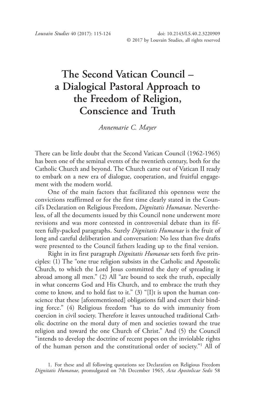 The Second Vatican Council – a Dialogical Pastoral Approach to the Freedom of Religion, Conscience and Truth