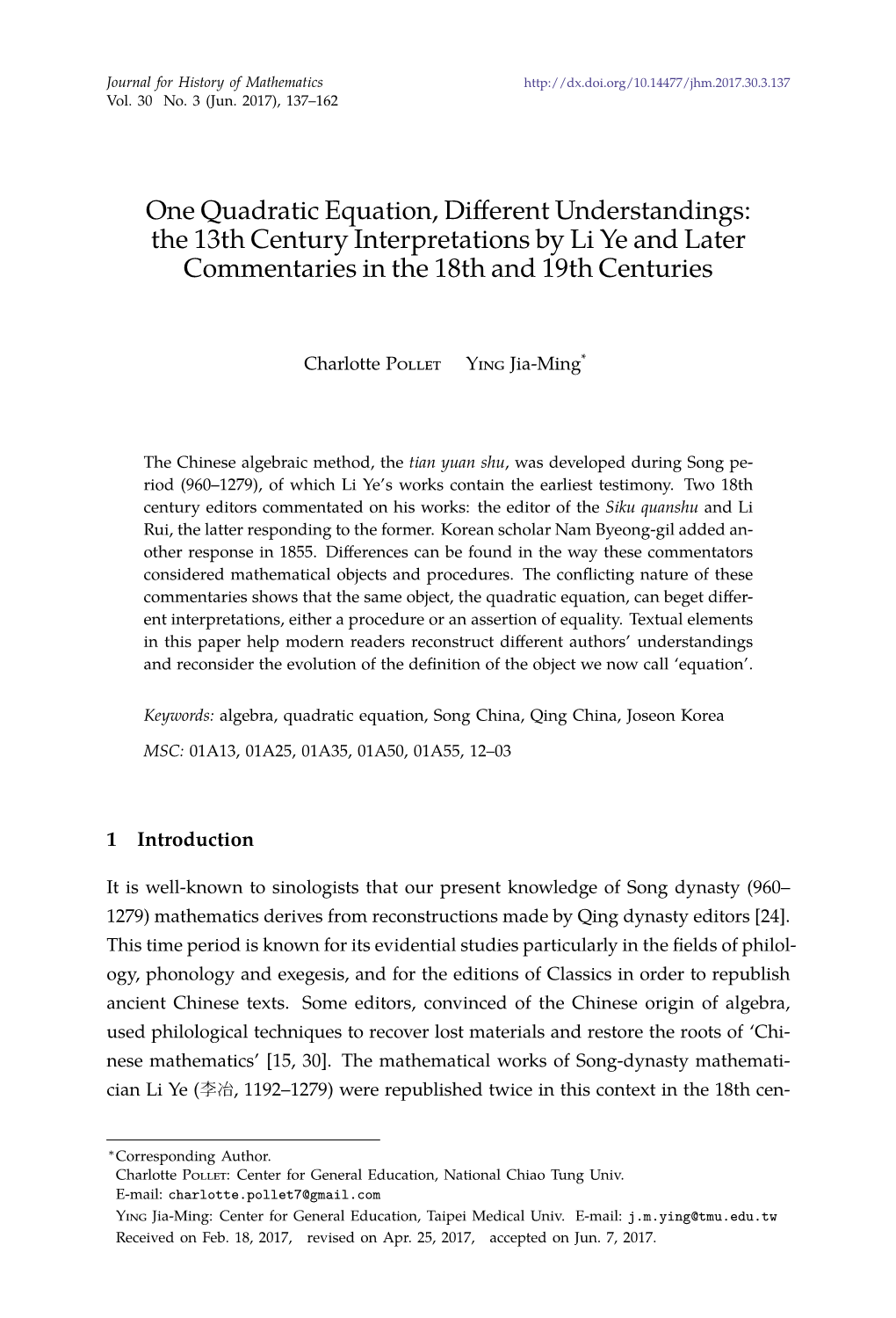 One Quadratic Equation, Different Understandings: the 13Th Century Interpretations by Li Ye and Later Commentaries in the 18Th and 19Th Centuries