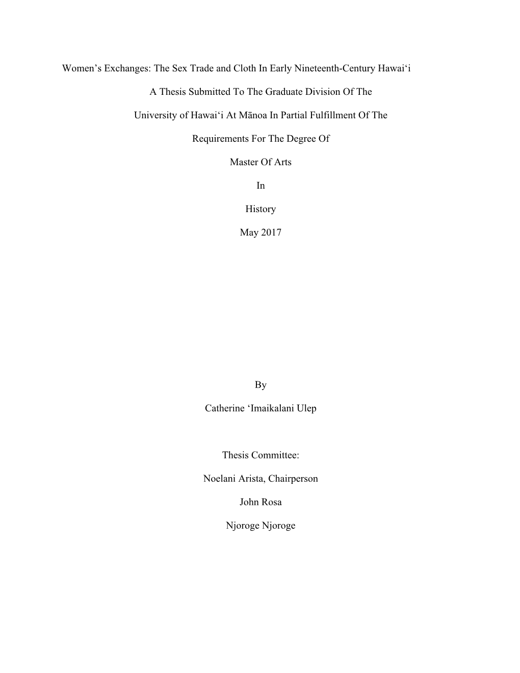 The Sex Trade and Cloth in Early Nineteenth-Century Hawai'i A