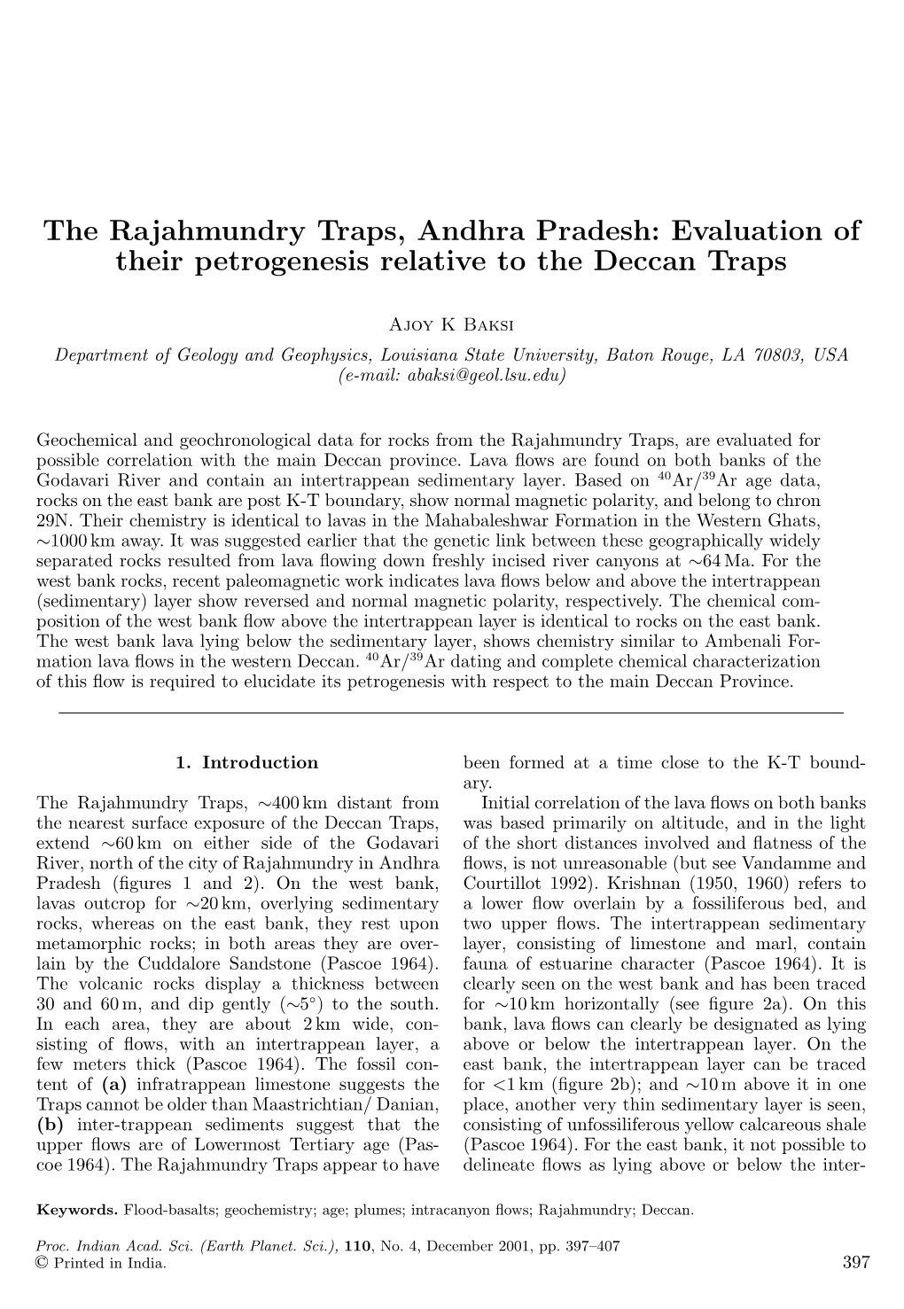 The Rajahmundry Traps, Andhra Pradesh: Evaluation of Their Petrogenesis Relative to the Deccan Traps