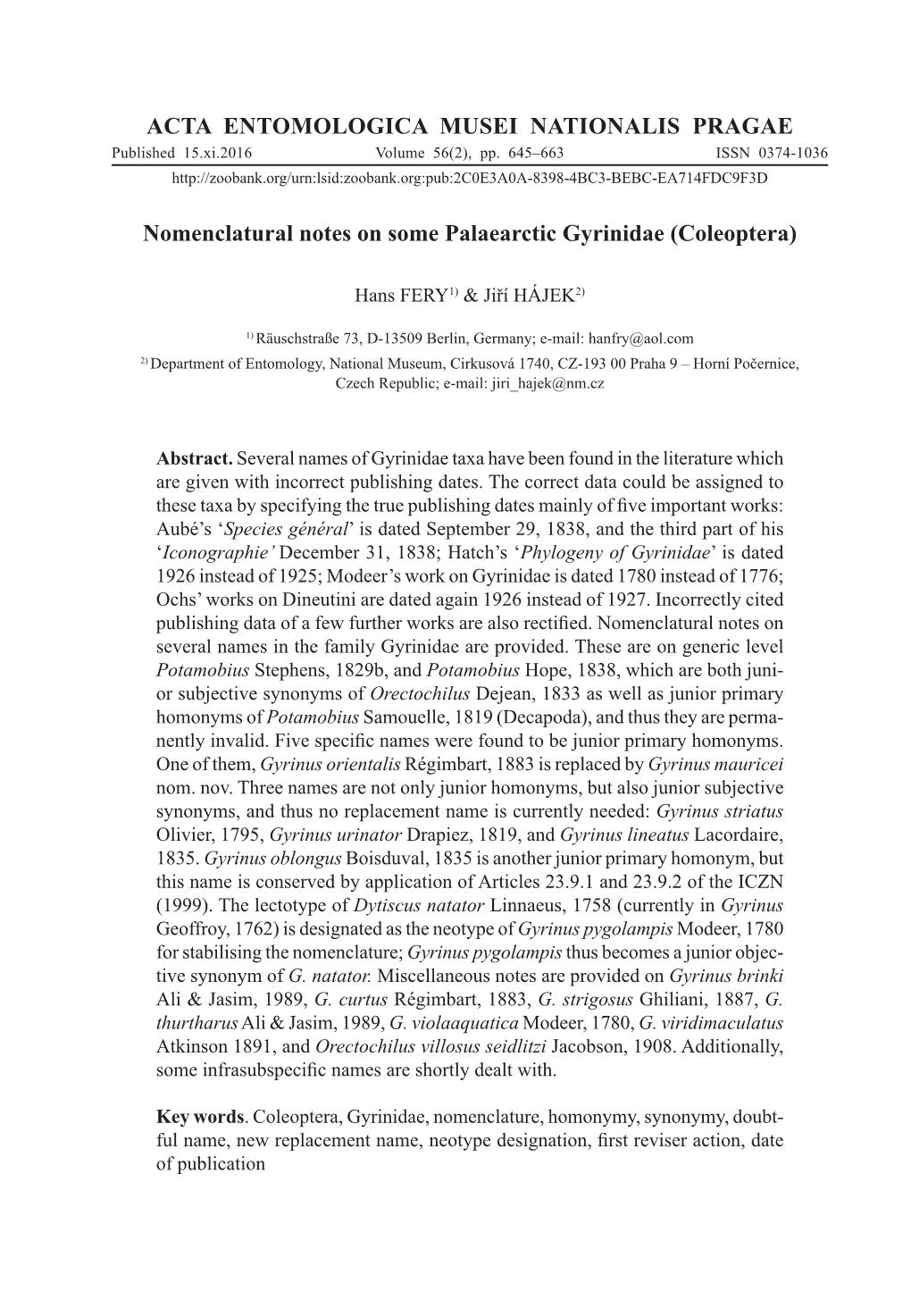 ACTA ENTOMOLOGICA MUSEI NATIONALIS PRAGAE Nomenclatural Notes on Some Palaearctic Gyrinidae (Coleoptera)