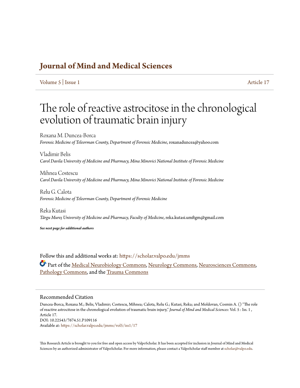 The Role of Reactive Astrocitose in the Chronological Evolution of Traumatic Brain Injury Roxana M