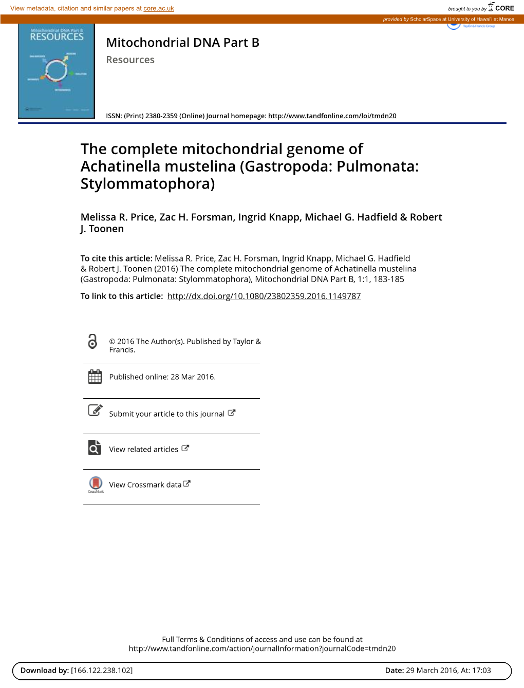The Complete Mitochondrial Genome of Achatinella Mustelina (Gastropoda: Pulmonata: Stylommatophora)