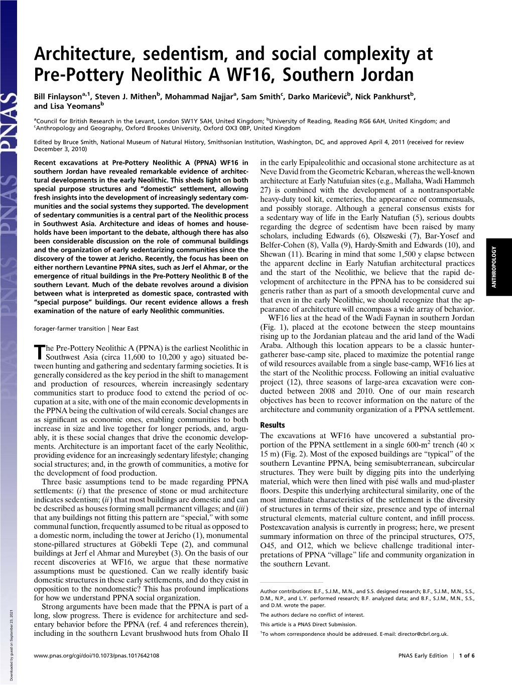 Architecture, Sedentism, and Social Complexity at Pre-Pottery Neolithic a WF16, Southern Jordan