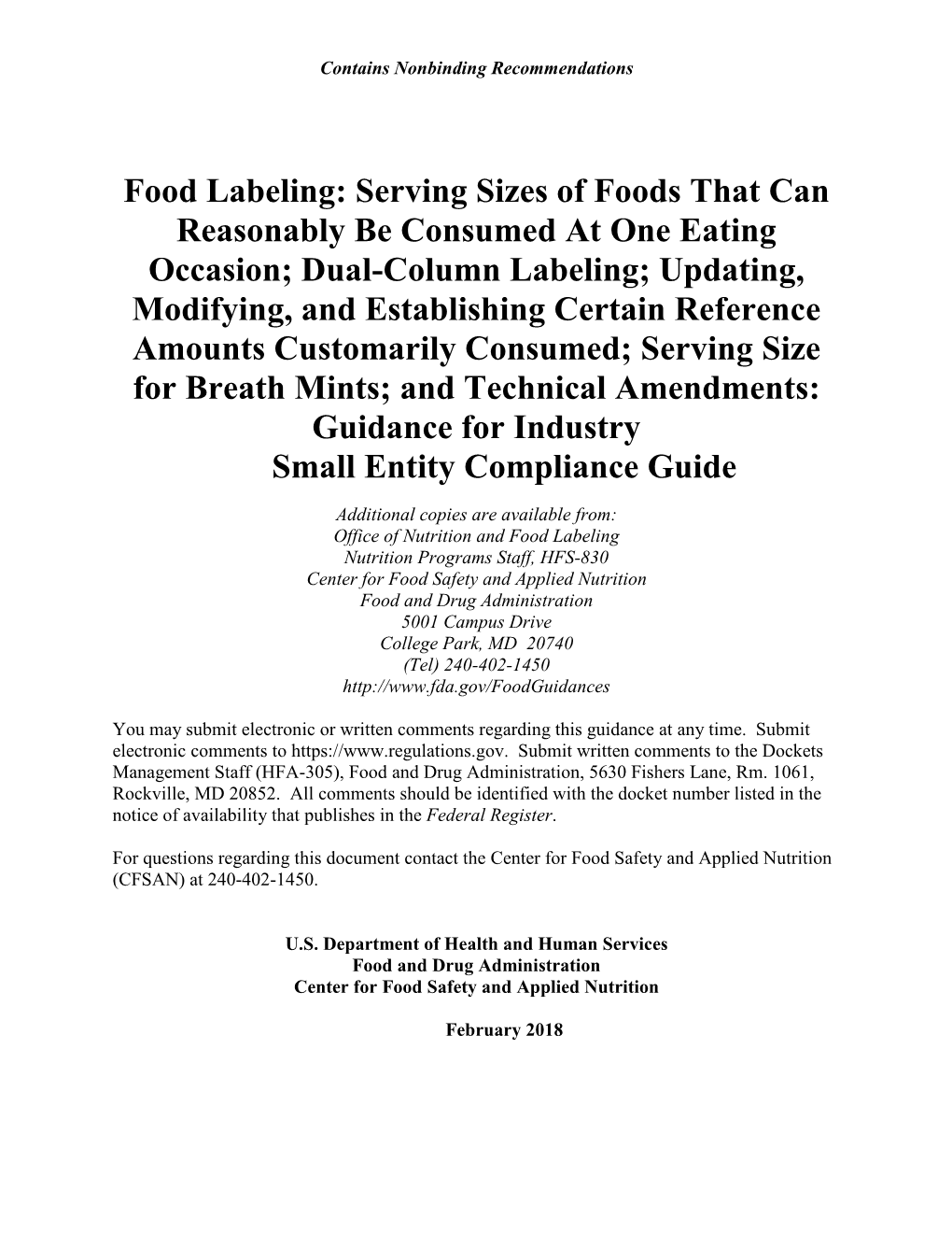 Food Labeling SECG on Serving Size of Foods