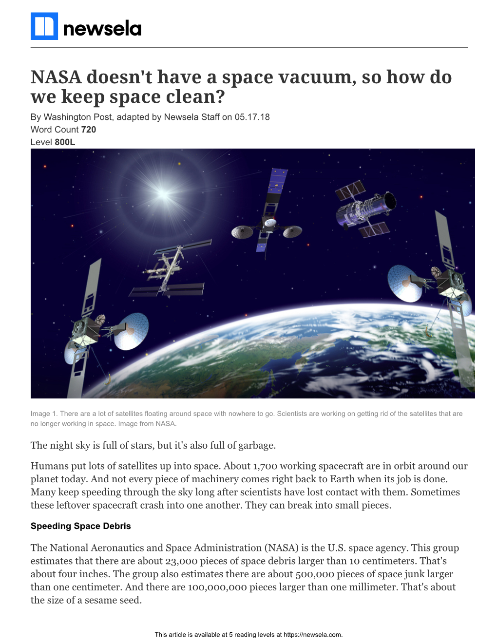 NASA Doesn't Have a Space Vacuum, So How Do We Keep Space Clean? by Washington Post, Adapted by Newsela Staff on 05.17.18 Word Count 720 Level 800L