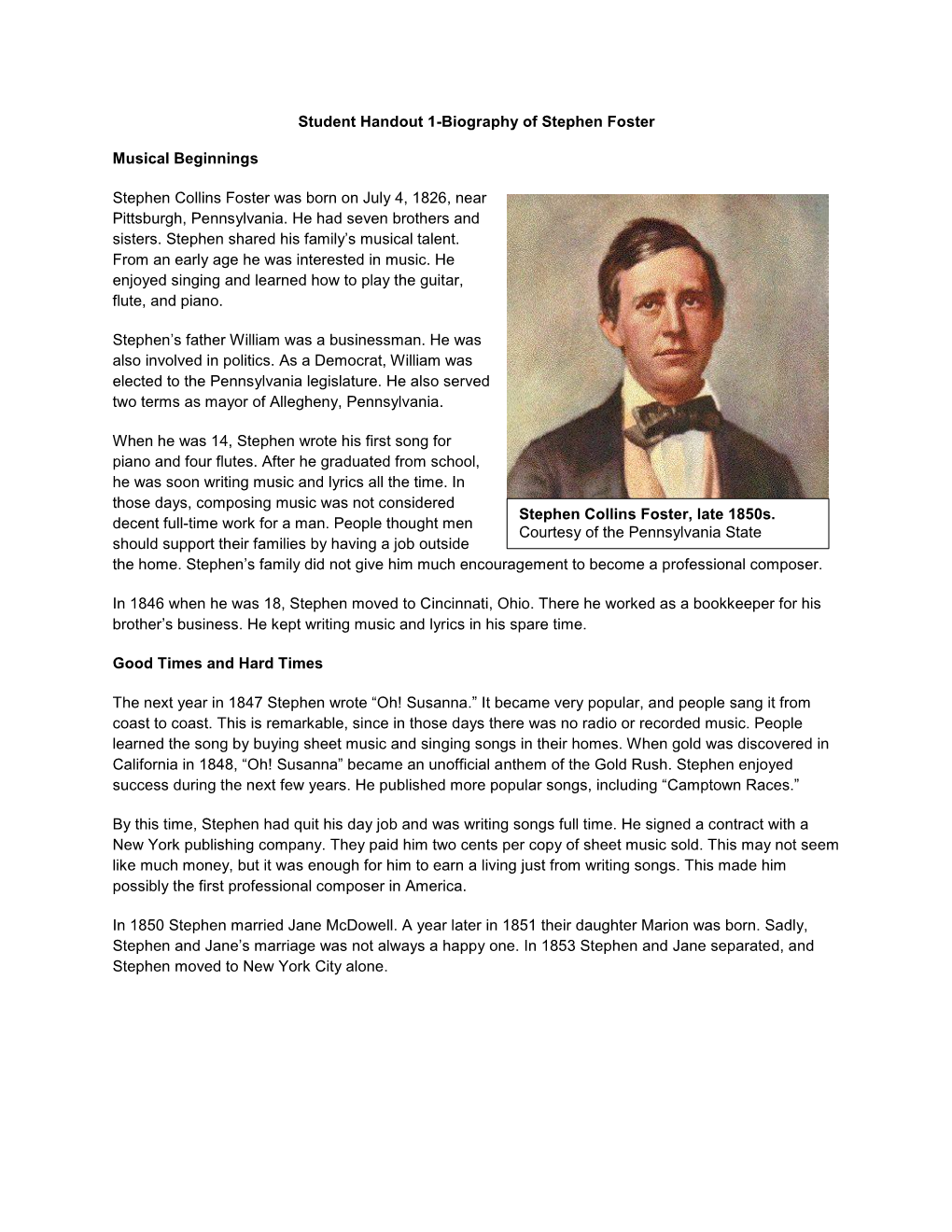 Student Handout 1-Stephen Foster Biography