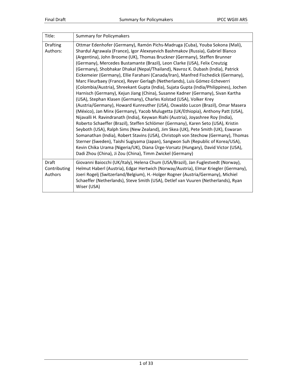 IPCC WGIII AR5 Summary for Policy Makers