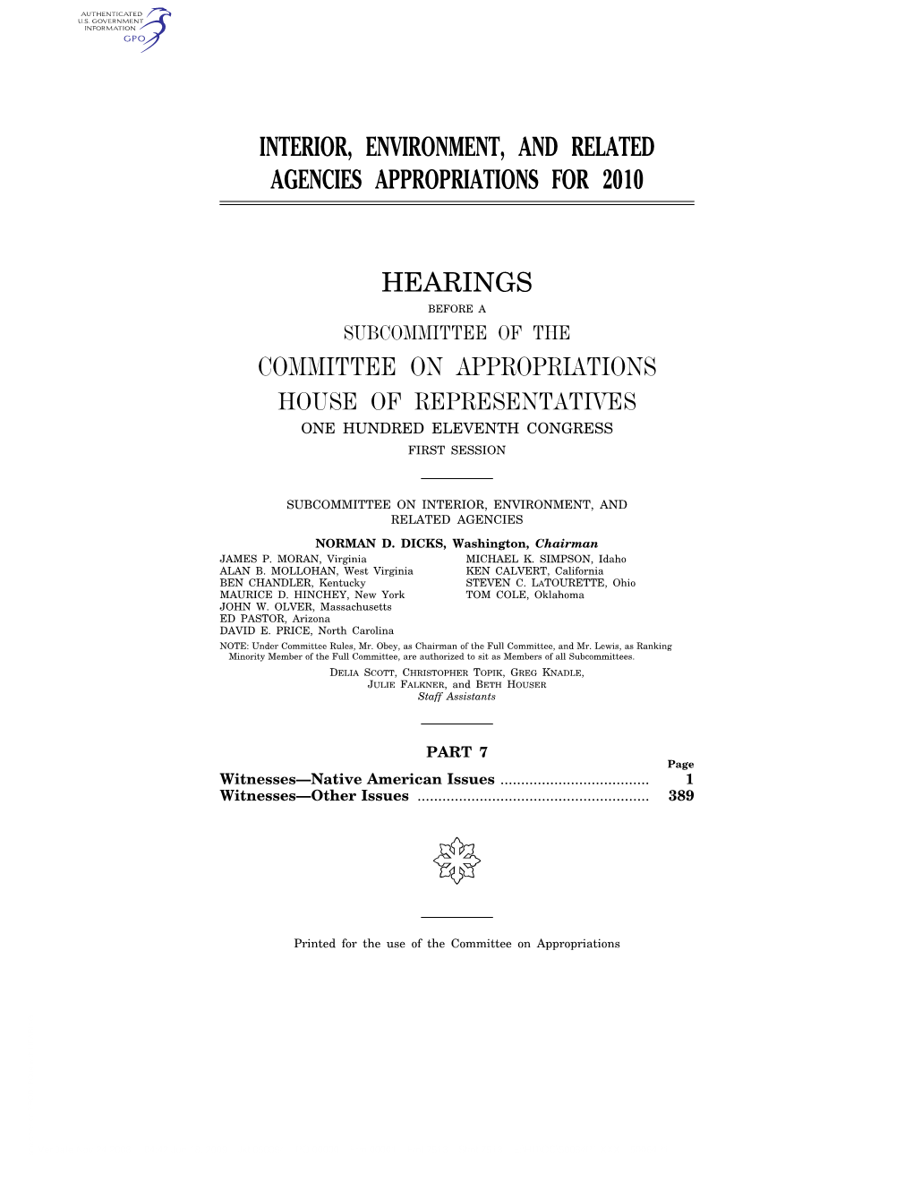 Interior, Environment, and Related Agencies Appropriations for 2010