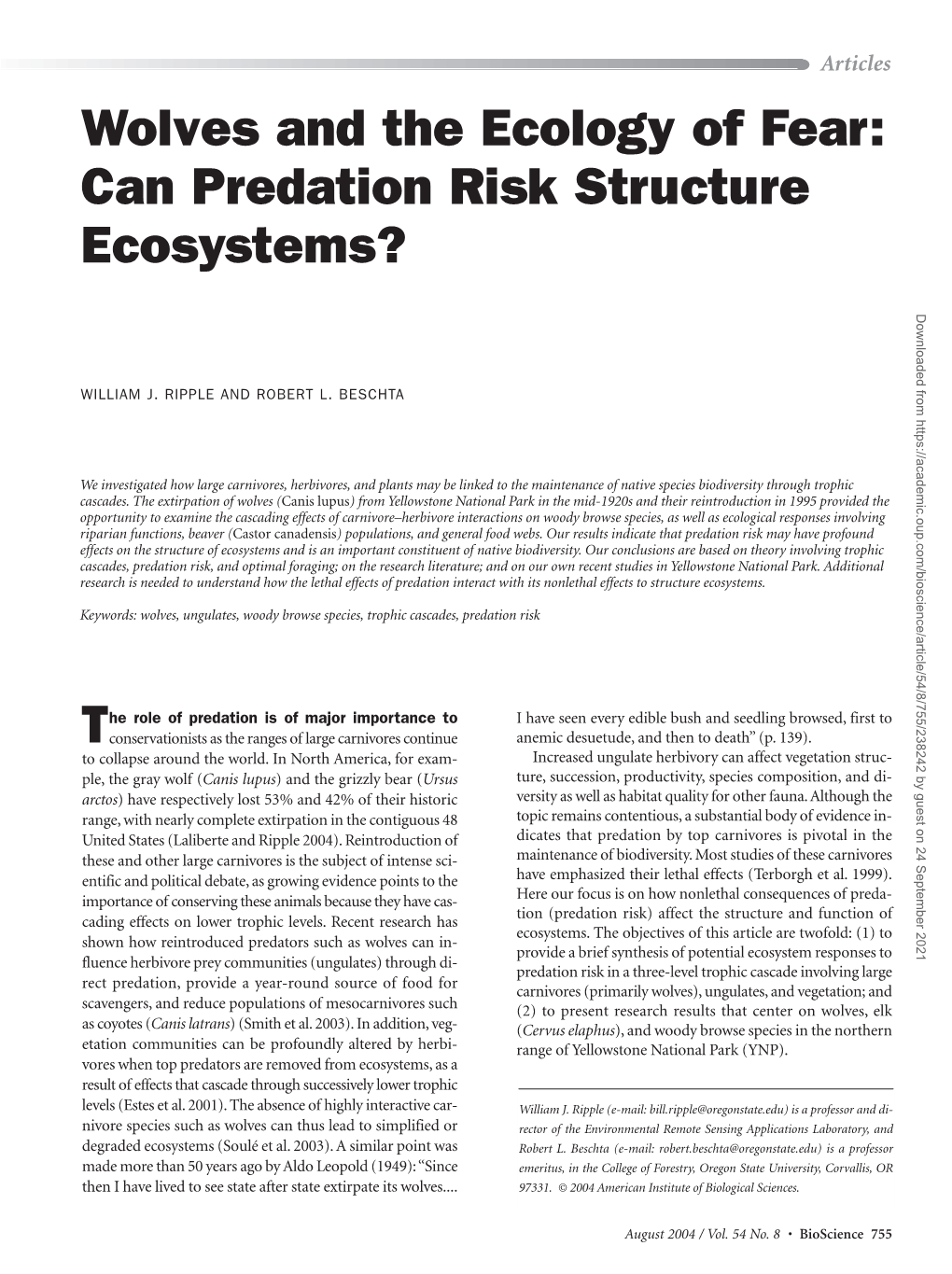 Wolves and the Ecology of Fear: Can Predation Risk Structure