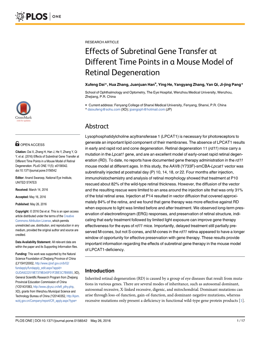 Effects of Subretinal Gene Transfer at Different Time Points in a Mouse Model of Retinal Degeneration