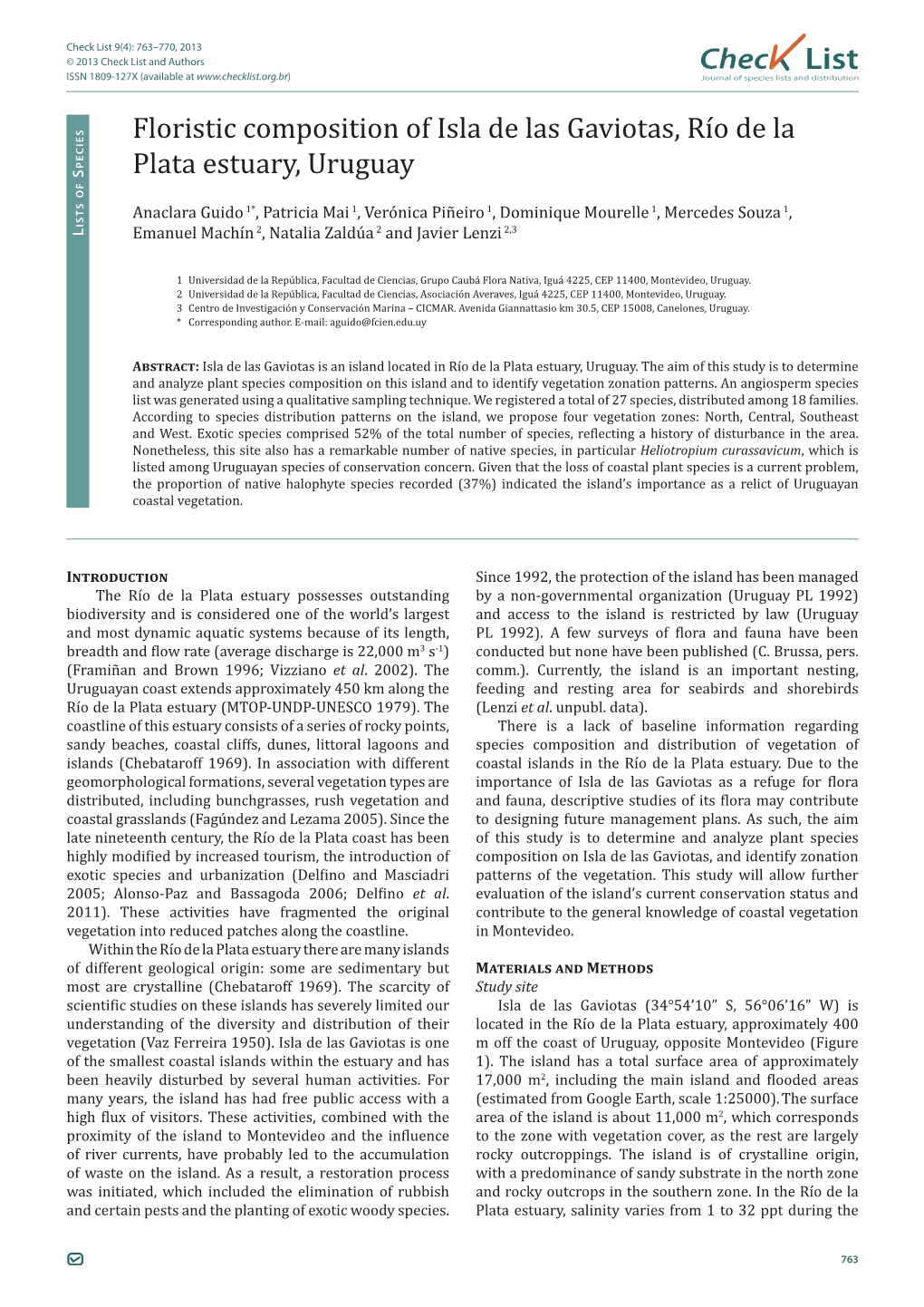 Check List 9(4): 763–770, 2013 © 2013 Check List and Authors Chec List ISSN 1809-127X (Available at Journal of Species Lists and Distribution