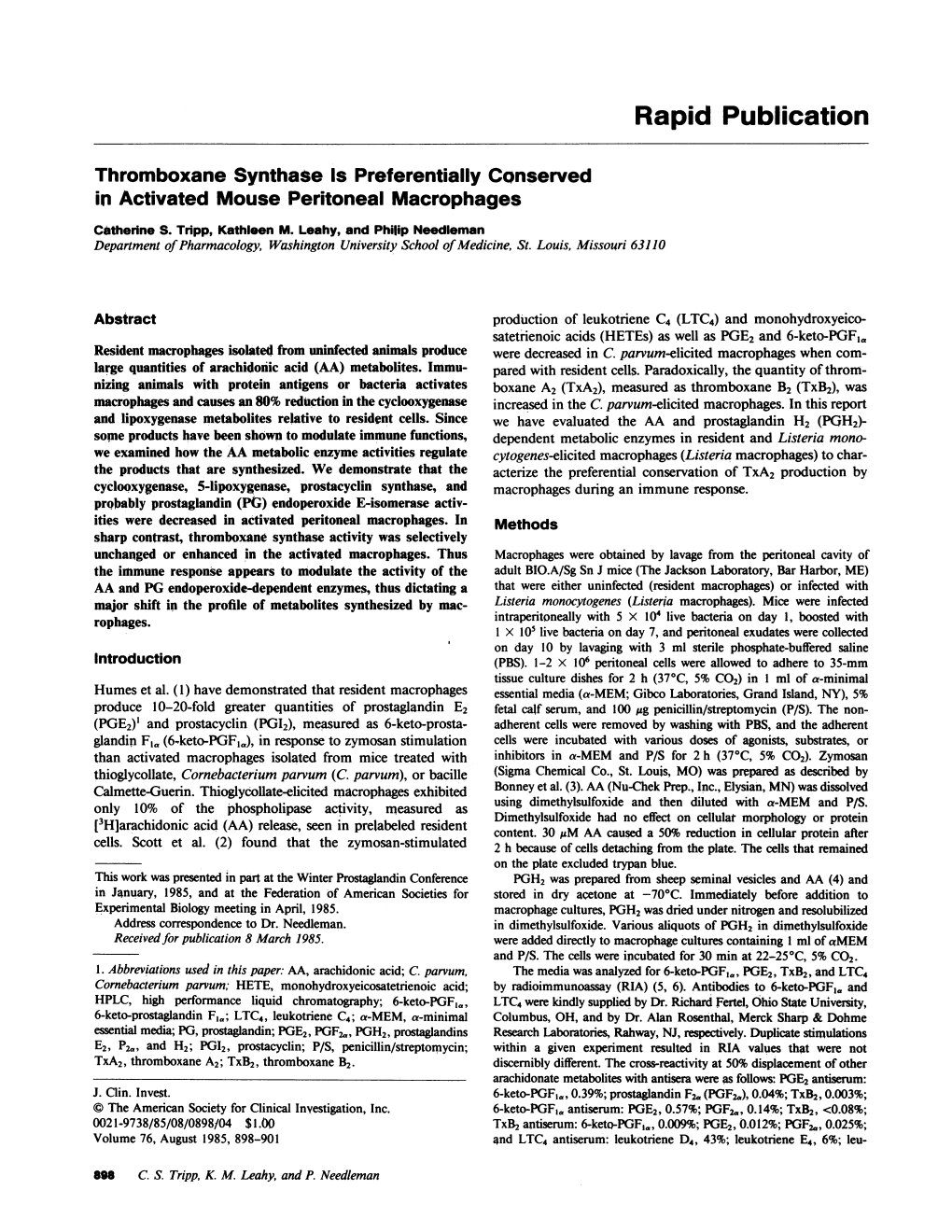 Thromboxane Synthase Is Preferentially Conserved in Activated Mouse Peritoneal Macrophages Catherine S