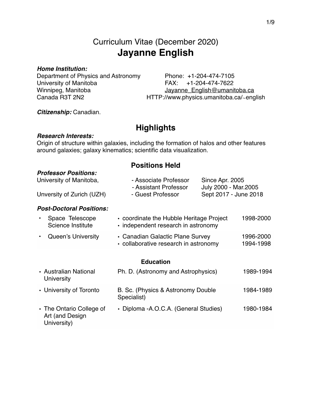 Curriculum Vitae (December 2020) Jayanne English