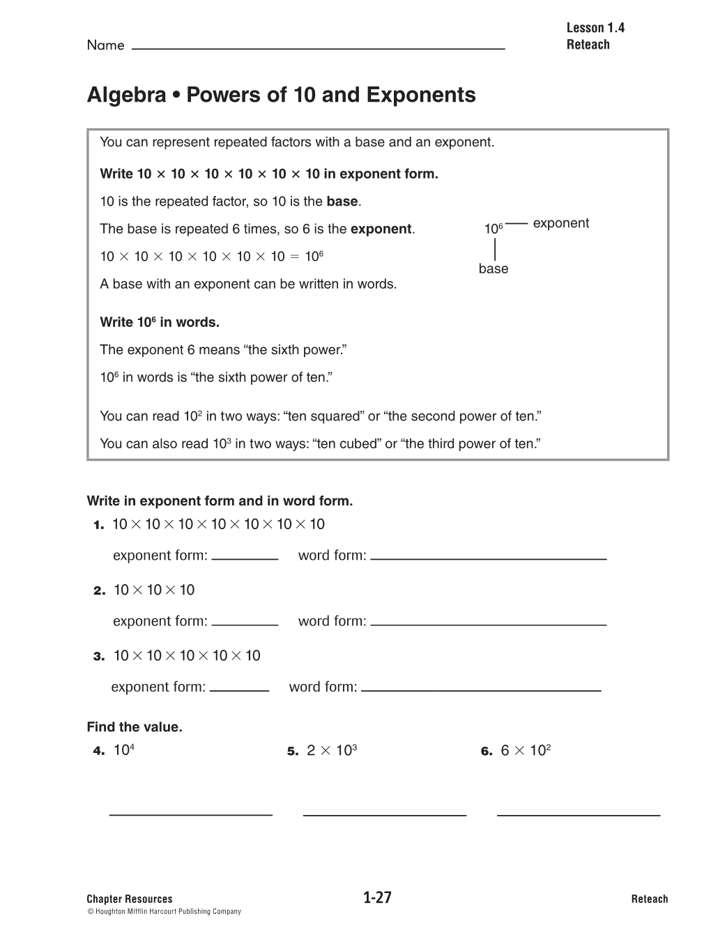 Algebra • Powers of 10 and Exponents