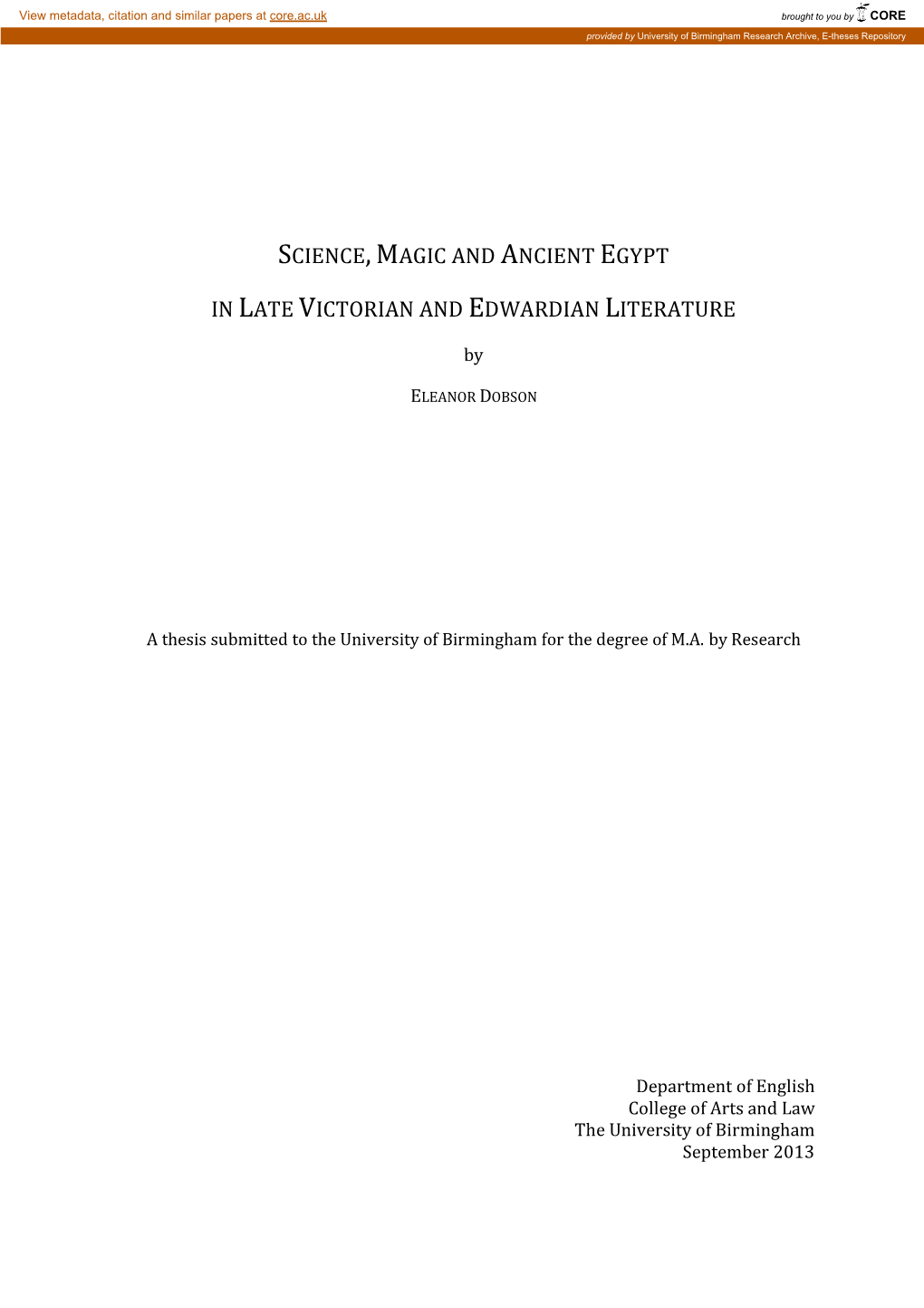 Science, Magic and Ancient Egypt in Late Victorian and Edwardian