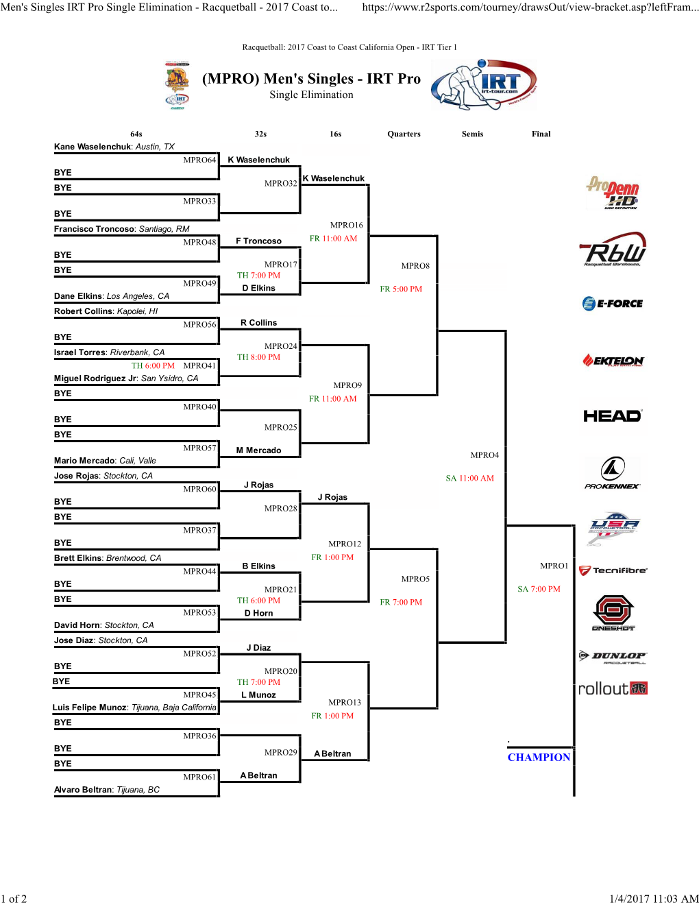 Men's Singles IRT Pro Single Elimination - Racquetball - 2017 Coast To