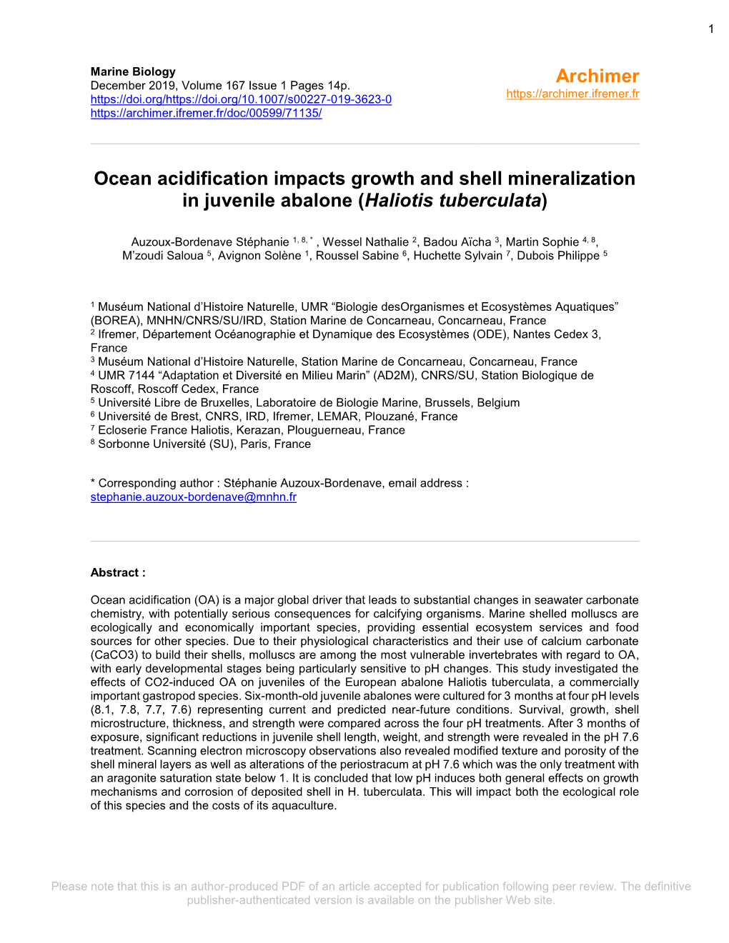 Ocean Acidification Impacts Growth and Shell Mineralization in Juvenile Abalone (Haliotis Tuberculata)