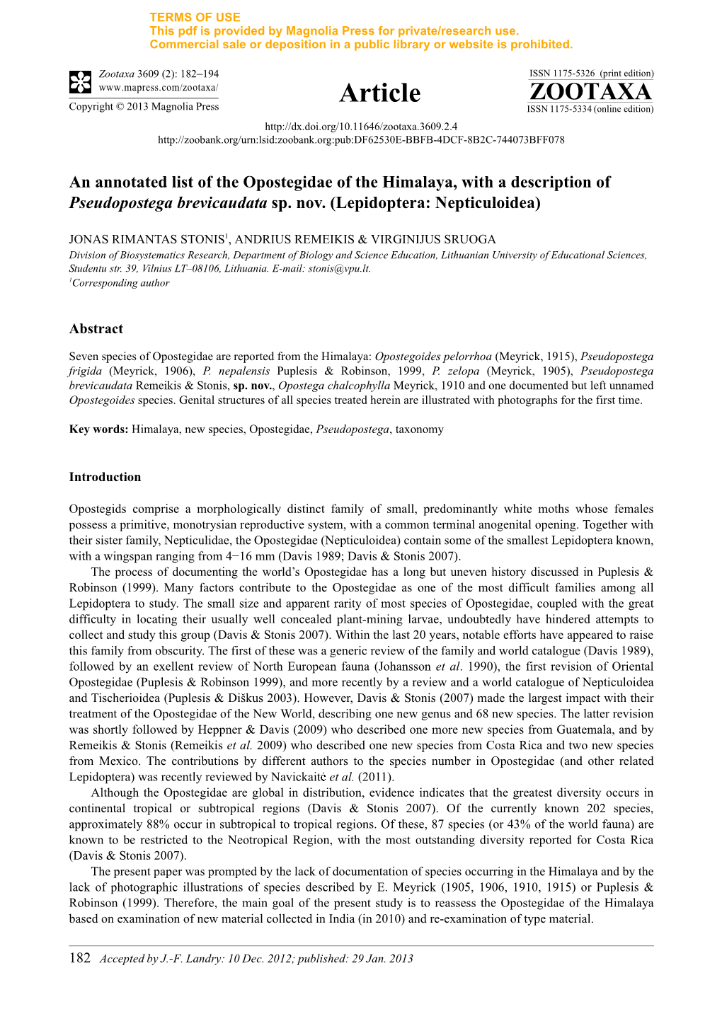 An Annotated List of the Opostegidae of the Himalaya, with a Description of Pseudopostega Brevicaudata Sp