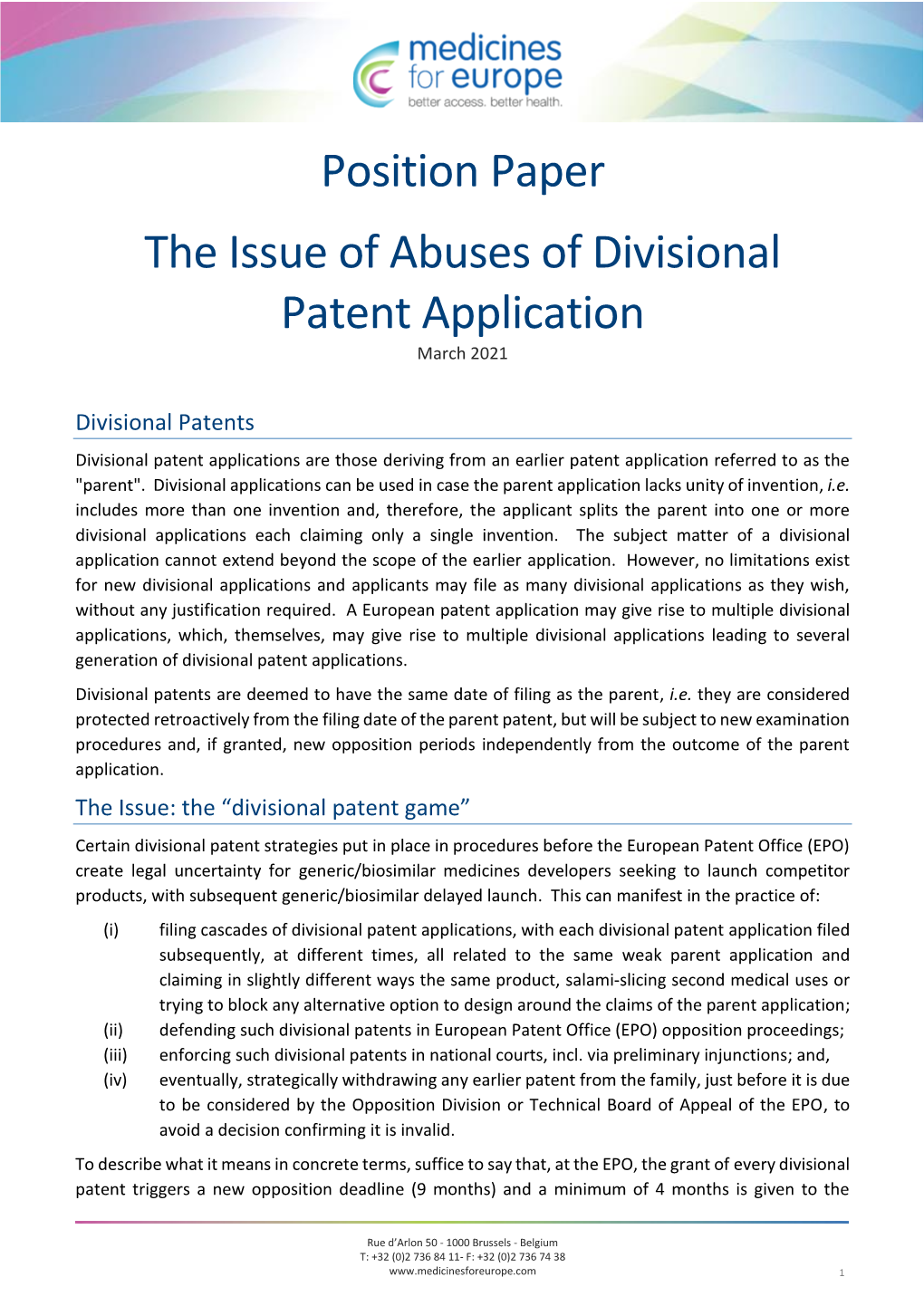 Position Paper the Issue of Abuses of Divisional Patent Application