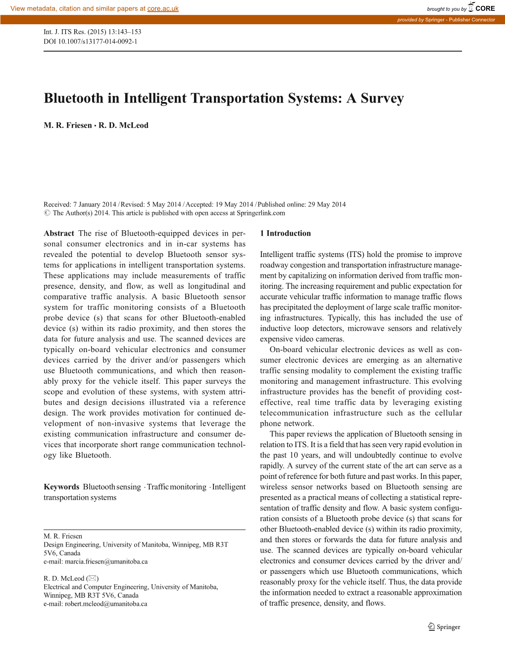 Bluetooth in Intelligent Transportation Systems: a Survey