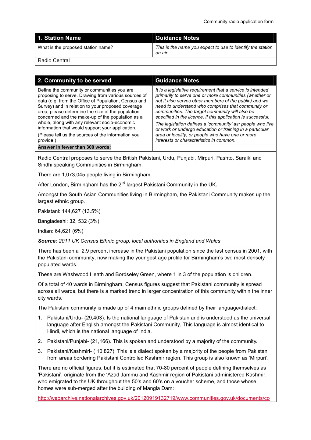 1. Station Name Guidance Notes 2. Community to Be Served Guidance Notes