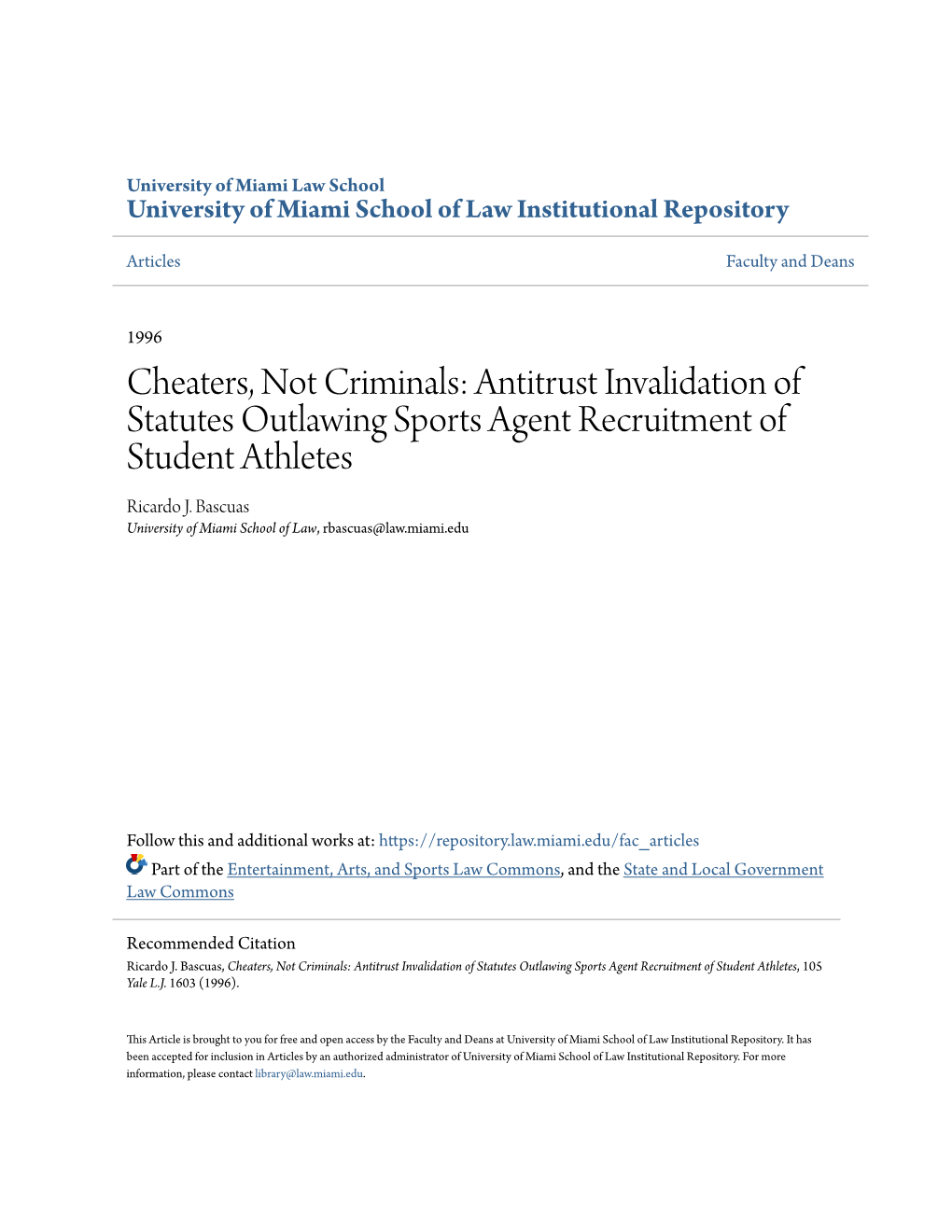 Antitrust Invalidation of Statutes Outlawing Sports Agent Recruitment of Student Athletes Ricardo J