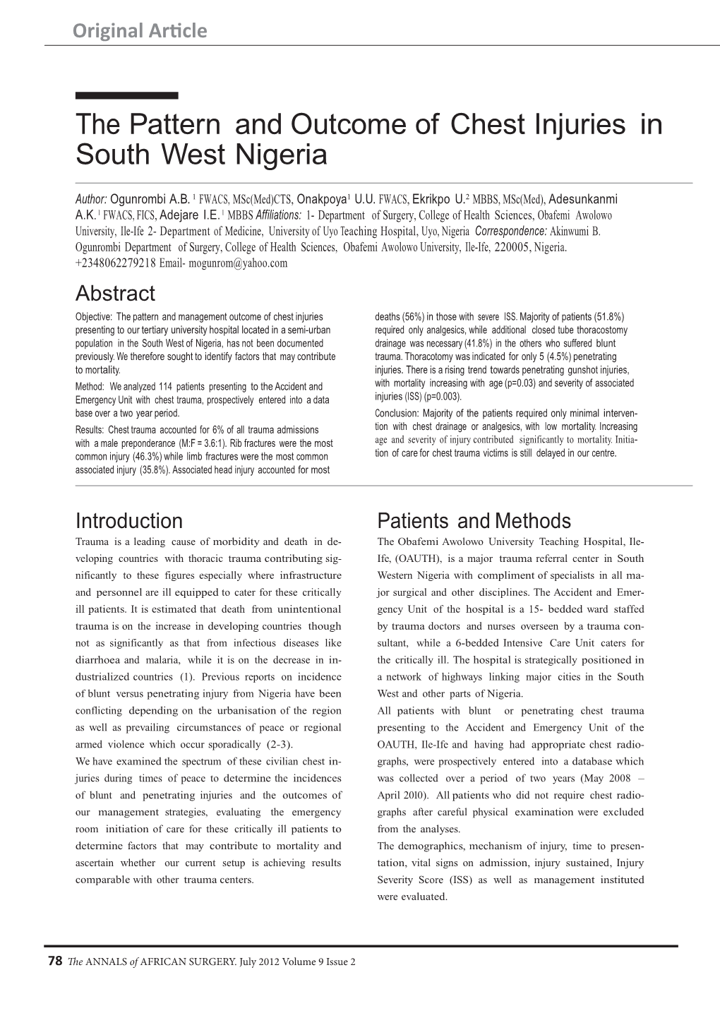 The Pattern and Outcome of Chest Injuries in South West Nigeria