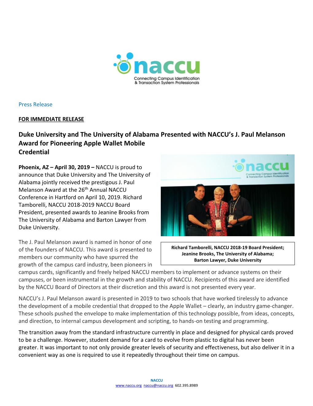 Duke University and the University of Alabama Presented with NACCU's J. Paul Melanson Award for Pioneering Apple Wallet Mobile