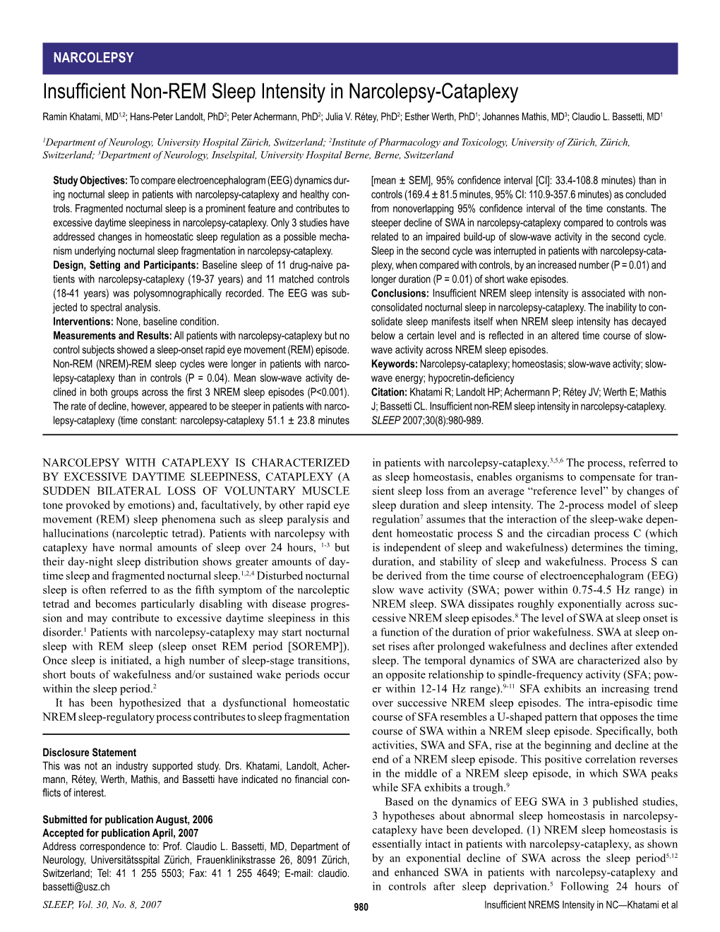 Insufficient Non-REM Sleep Intensity in Narcolepsy-Cataplexy