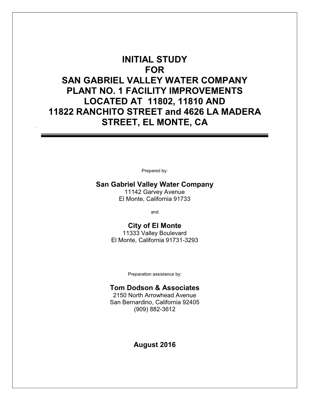 Initial Study for San Gabriel Valley Water Company Plant No