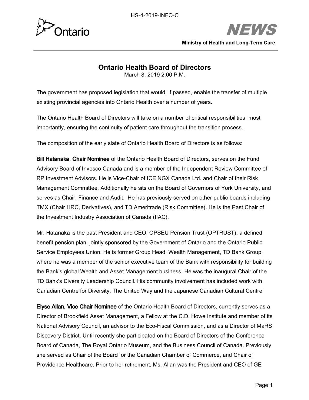 Ontario Health Board of Directors March 8, 2019 2:00 P.M