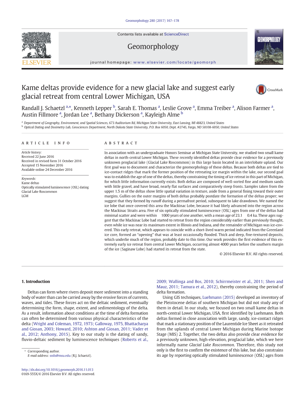 Kame Deltas Provide Evidence for a New Glacial Lake and Suggest Early Glacial Retreat from Central Lower Michigan, USA