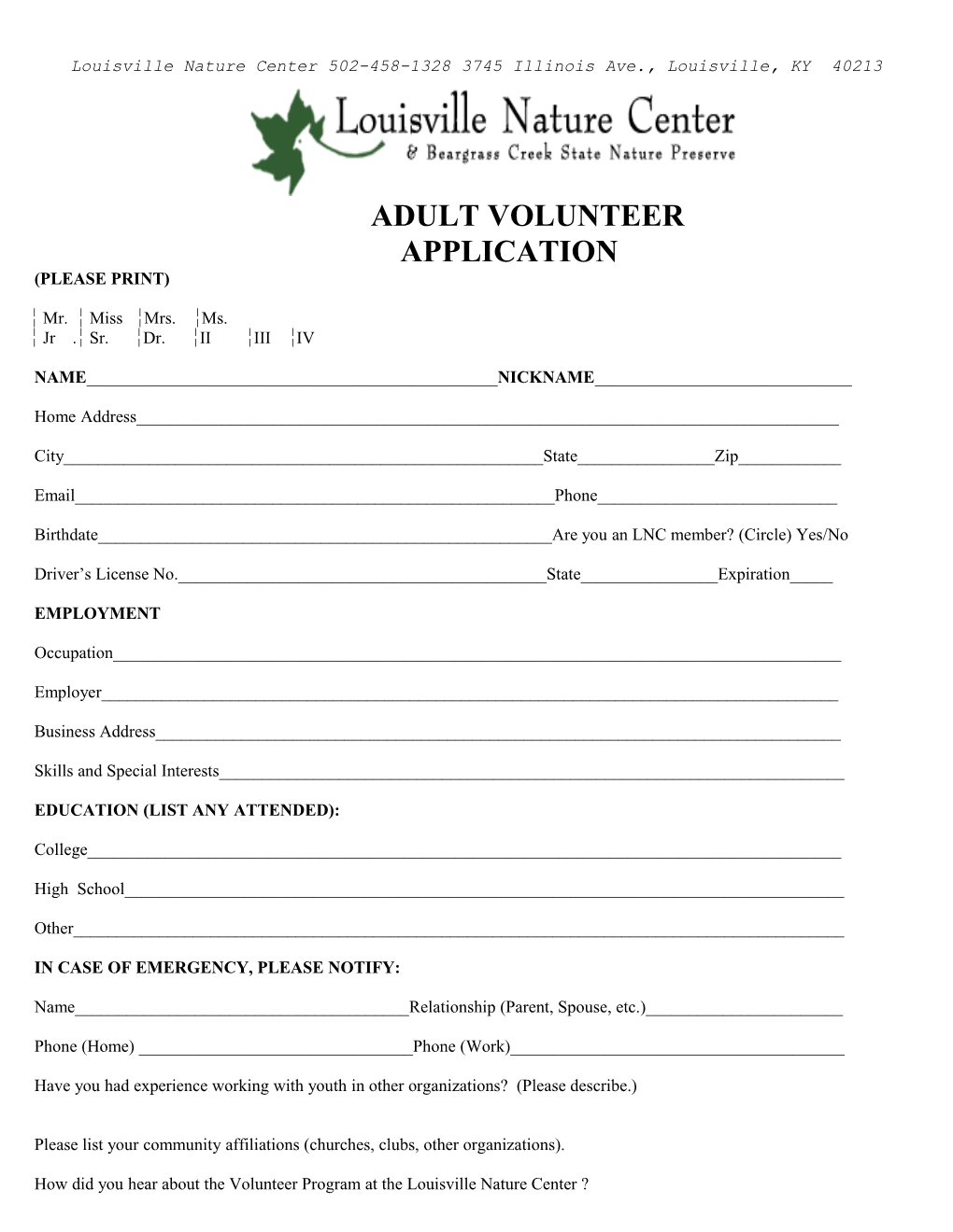 Adult Volunteer Application