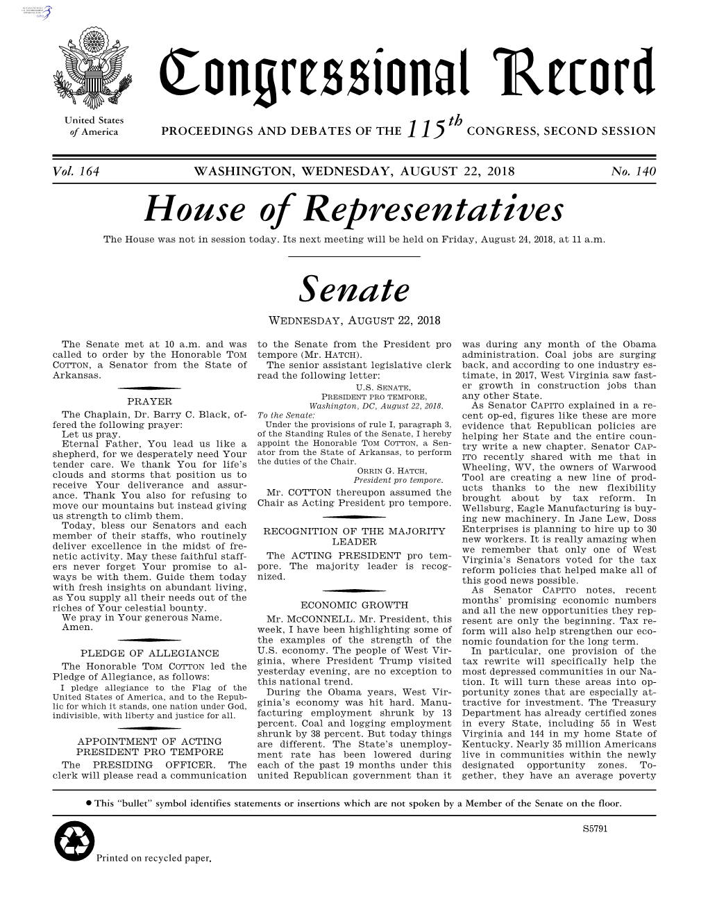 Congressional Record United States Th of America PROCEEDINGS and DEBATES of the 115 CONGRESS, SECOND SESSION