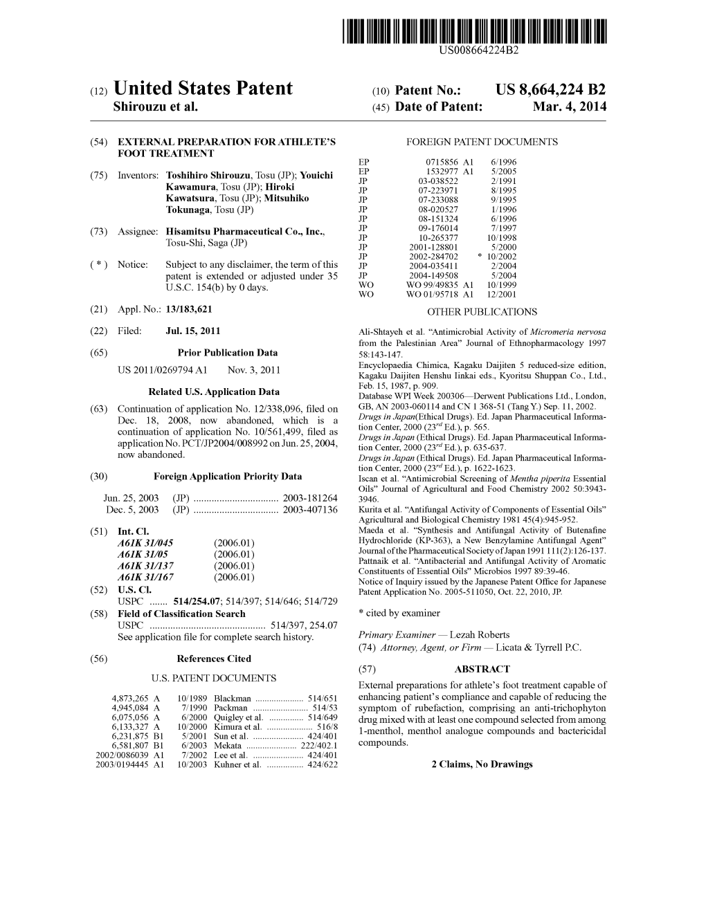 (12) United States Patent (10) Patent No.: US 8,664.224 B2 Shirouzu Et Al