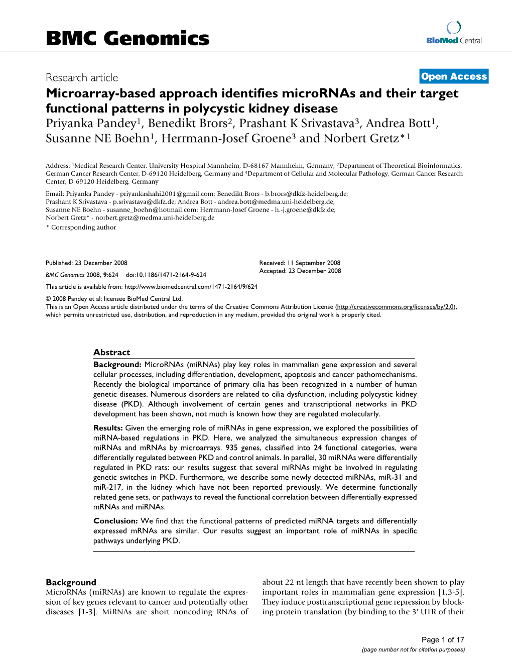 Microarray-Based Approach Identifies Micrornas and Their Target