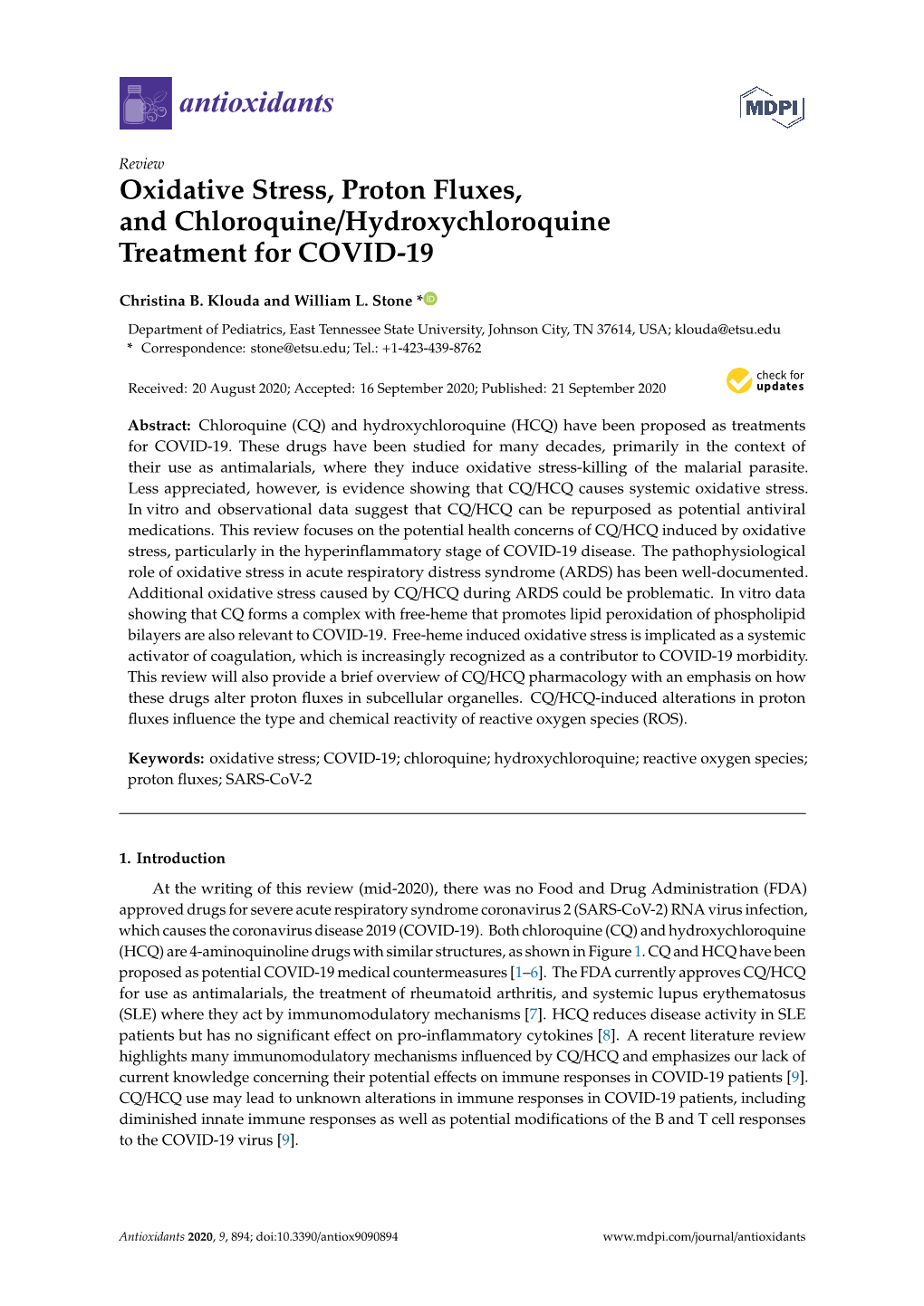 Oxidative Stress, Proton Fluxes, and Chloroquine/Hydroxychloroquine Treatment for COVID-19