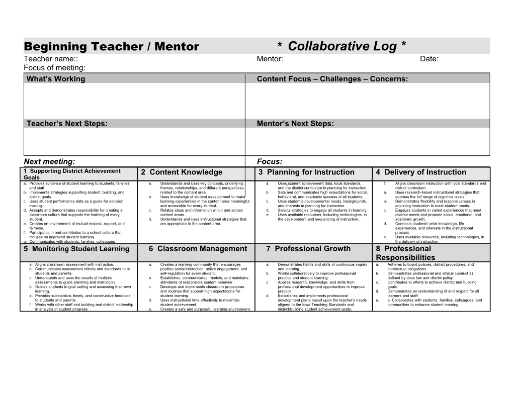Beginning Teacher / Mentor * Collaborative Log *