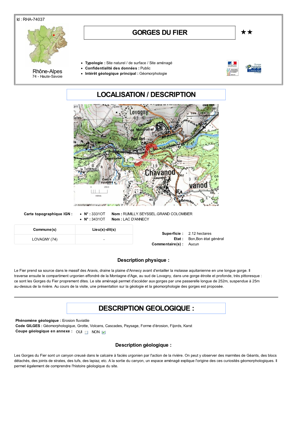 Localisation / Description Description Geologique : Gorges Du Fier