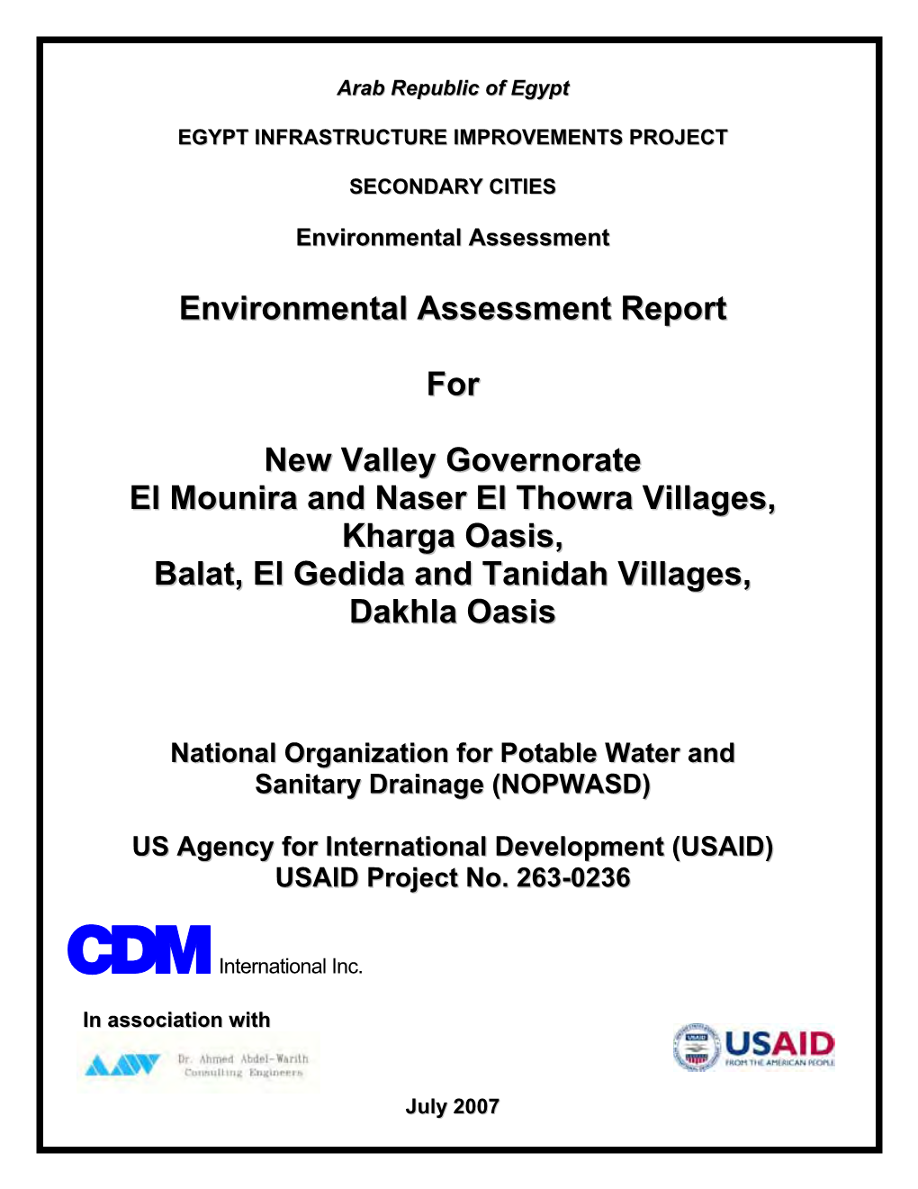 Environmental Assessment Report for New Valley Governorate El Mounira and Naser El Thowra Villages, Kharga Oasis, Balat, El Gedi