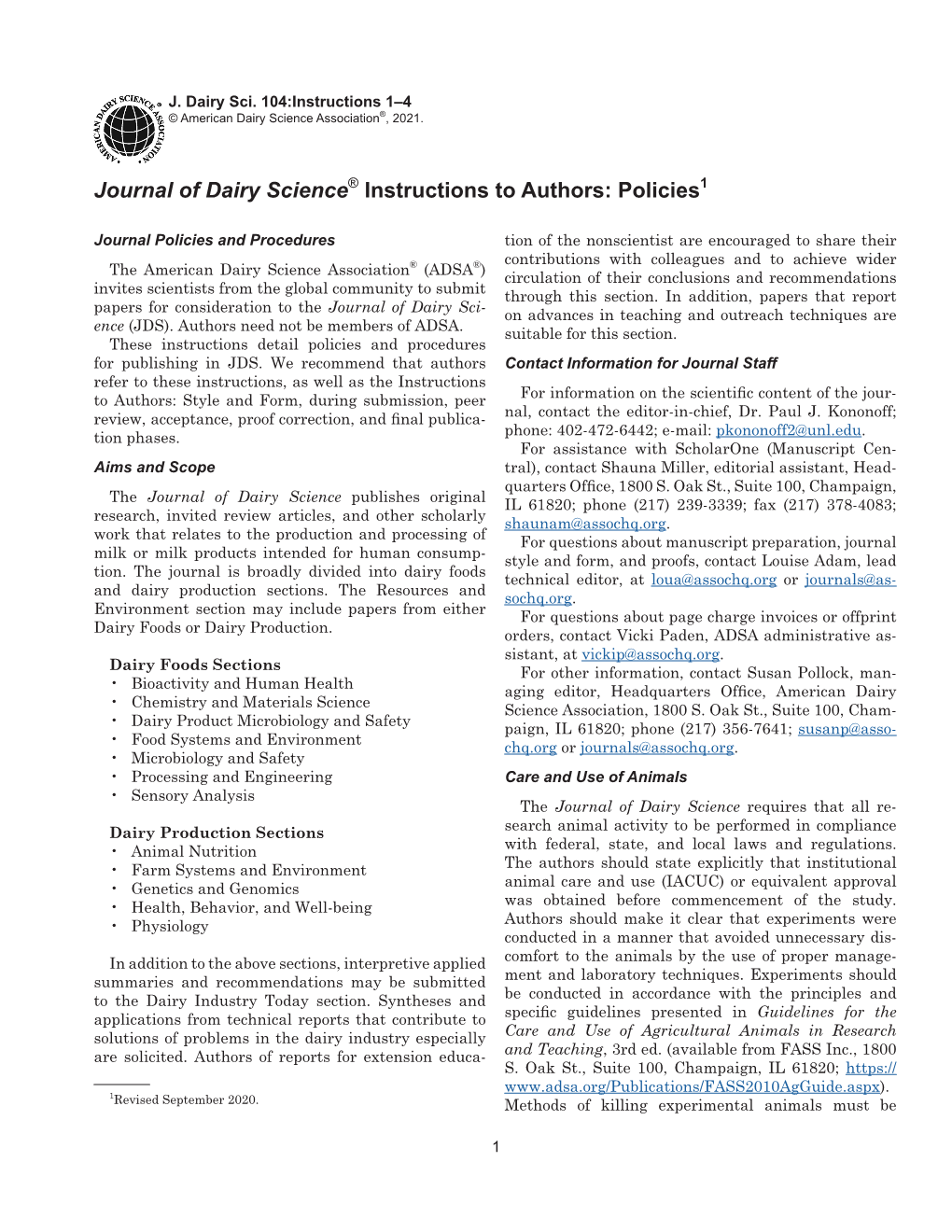 Journal of Dairy Science® Instructions to Authors: Policies1