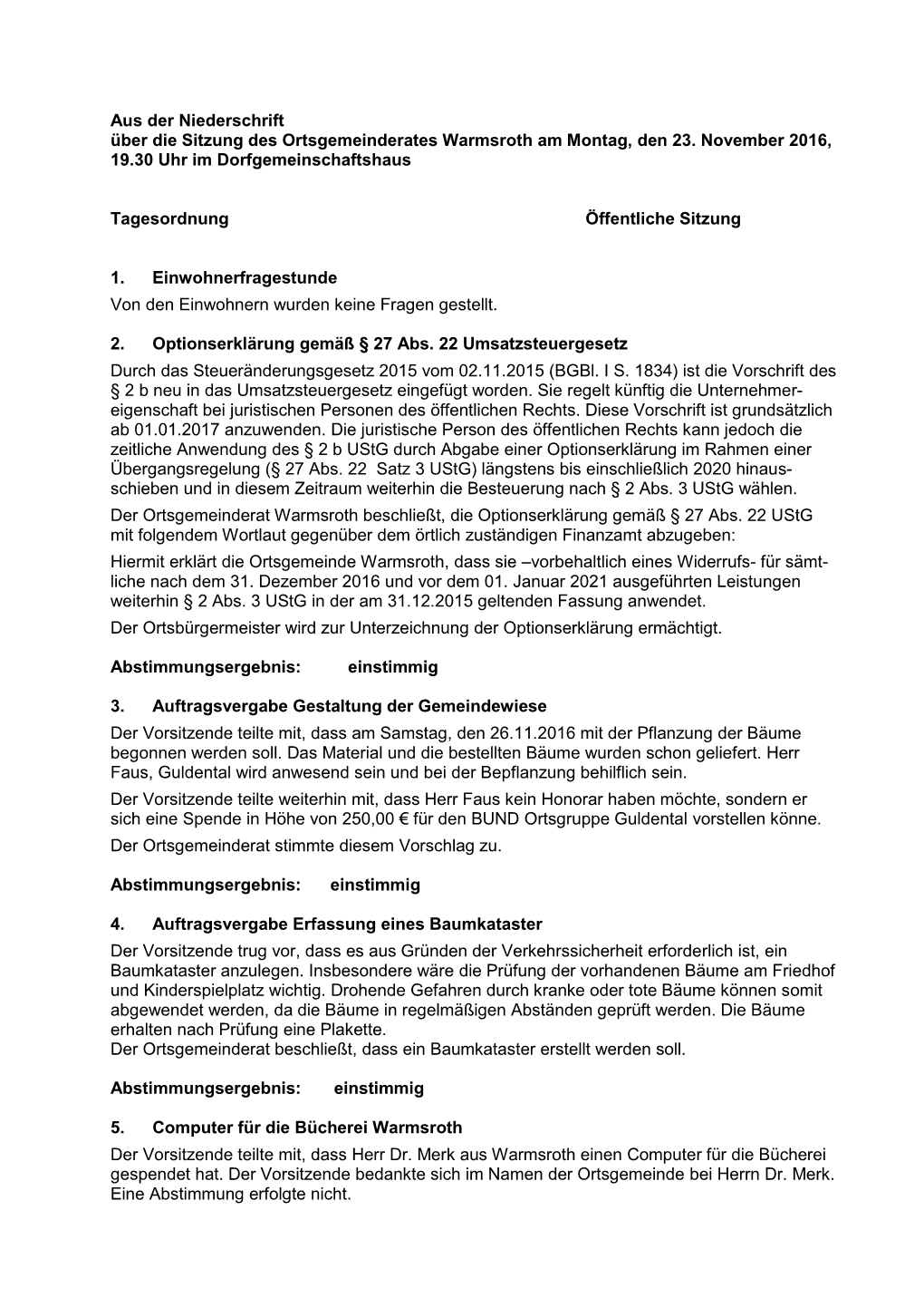 Aus Der Niederschrift Über Die Sitzung Des Ortsgemeinderates Warmsroth Am Montag, Den 23