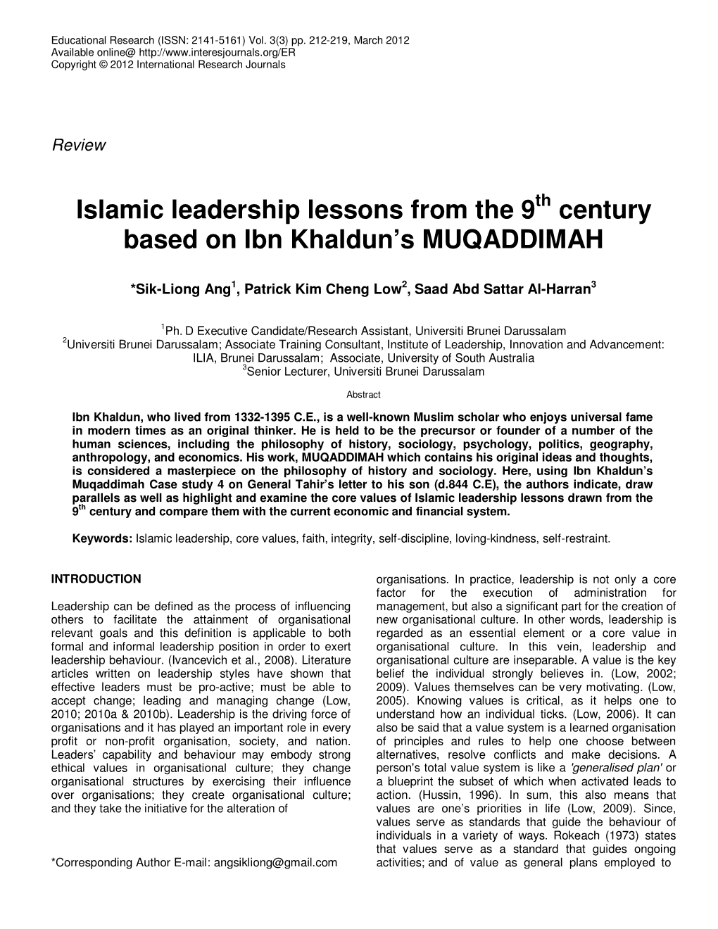 Islamic Leadership Lessons from the 9 Century Based on Ibn Khaldun's