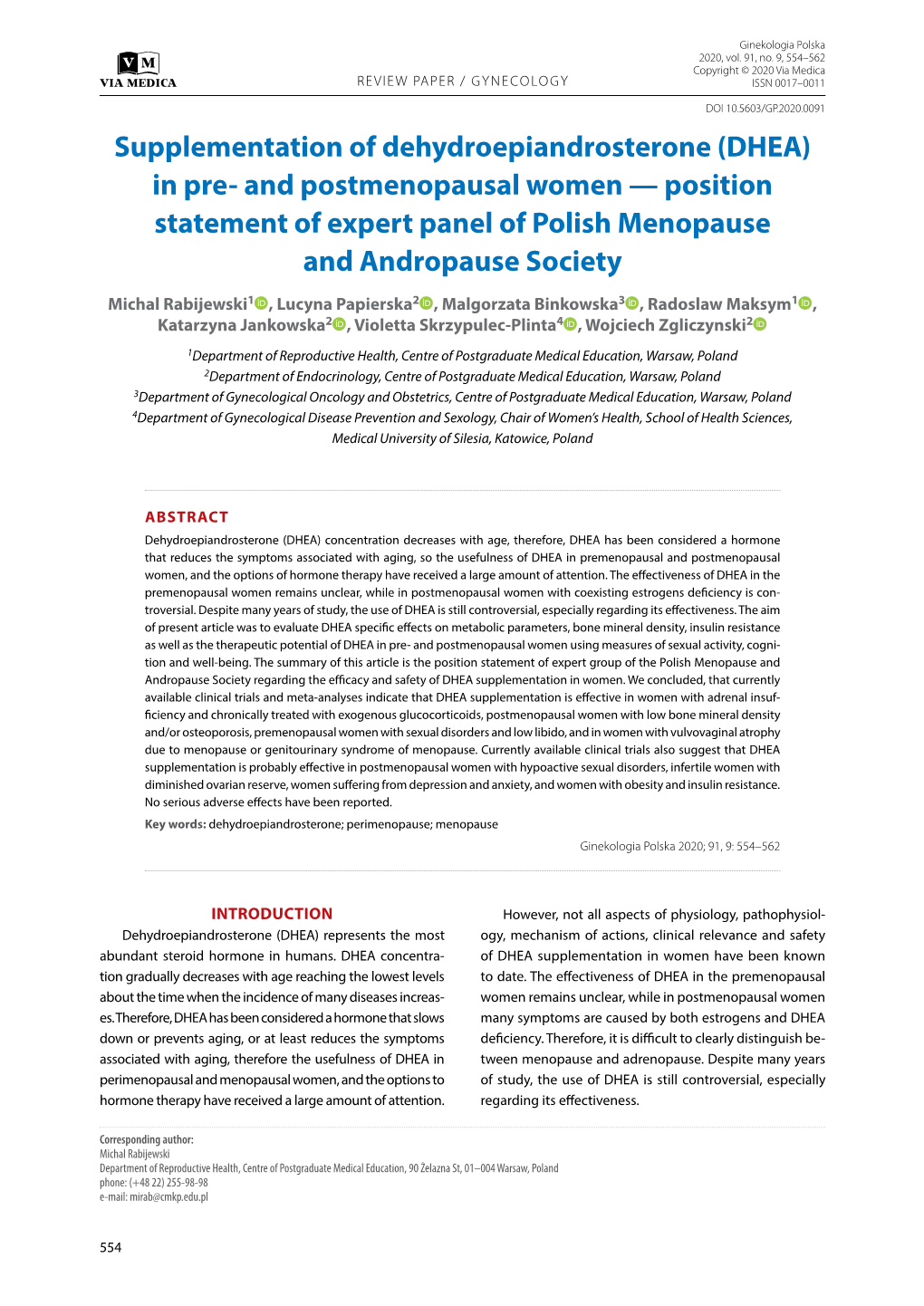 And Postmenopausal Women — Position Statement of Expert Panel of Polish Menopause and Andropause Society