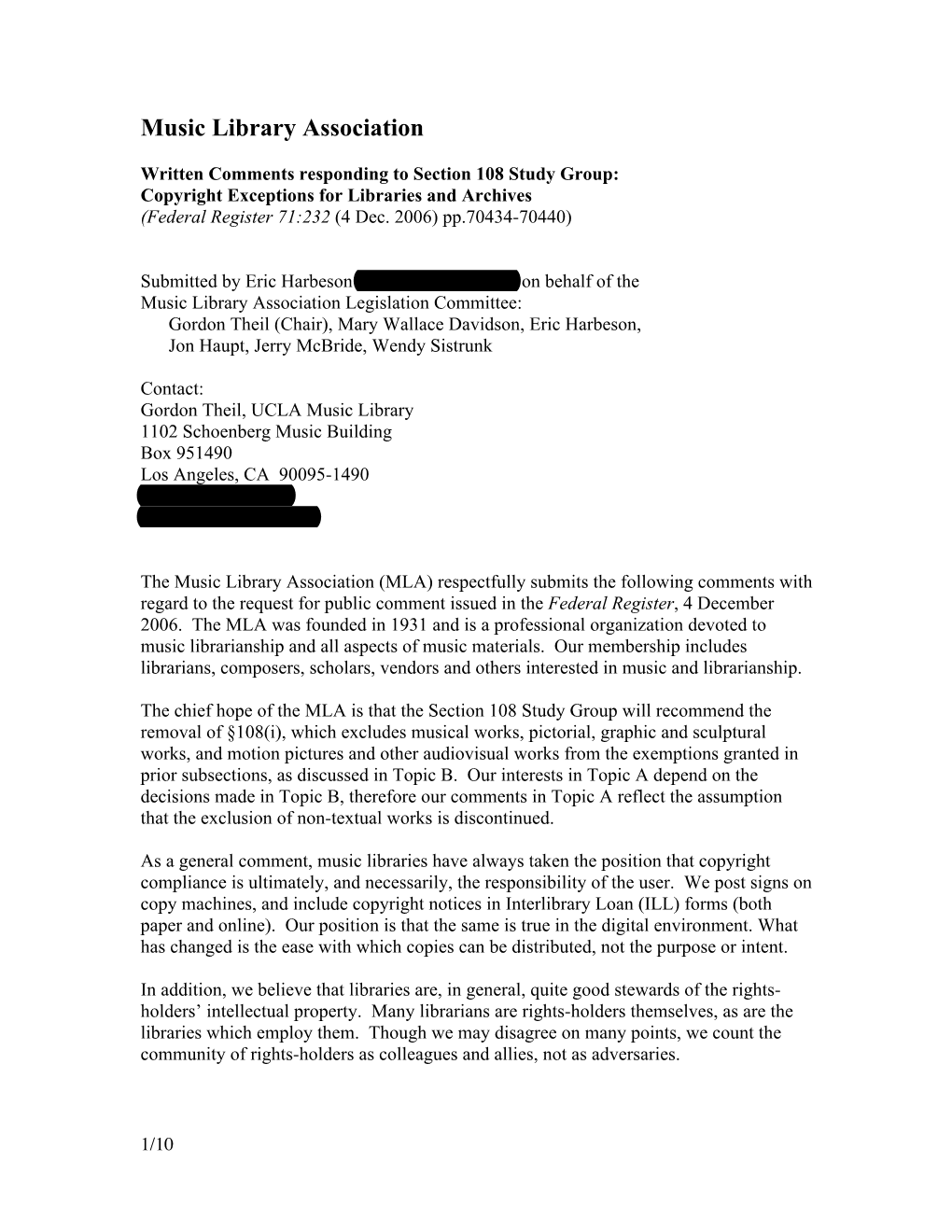 Written Comments Responding to Section 108 Study Group: Copyright Exceptions for Libraries and Archives (Federal Register 71:232 (4 Dec