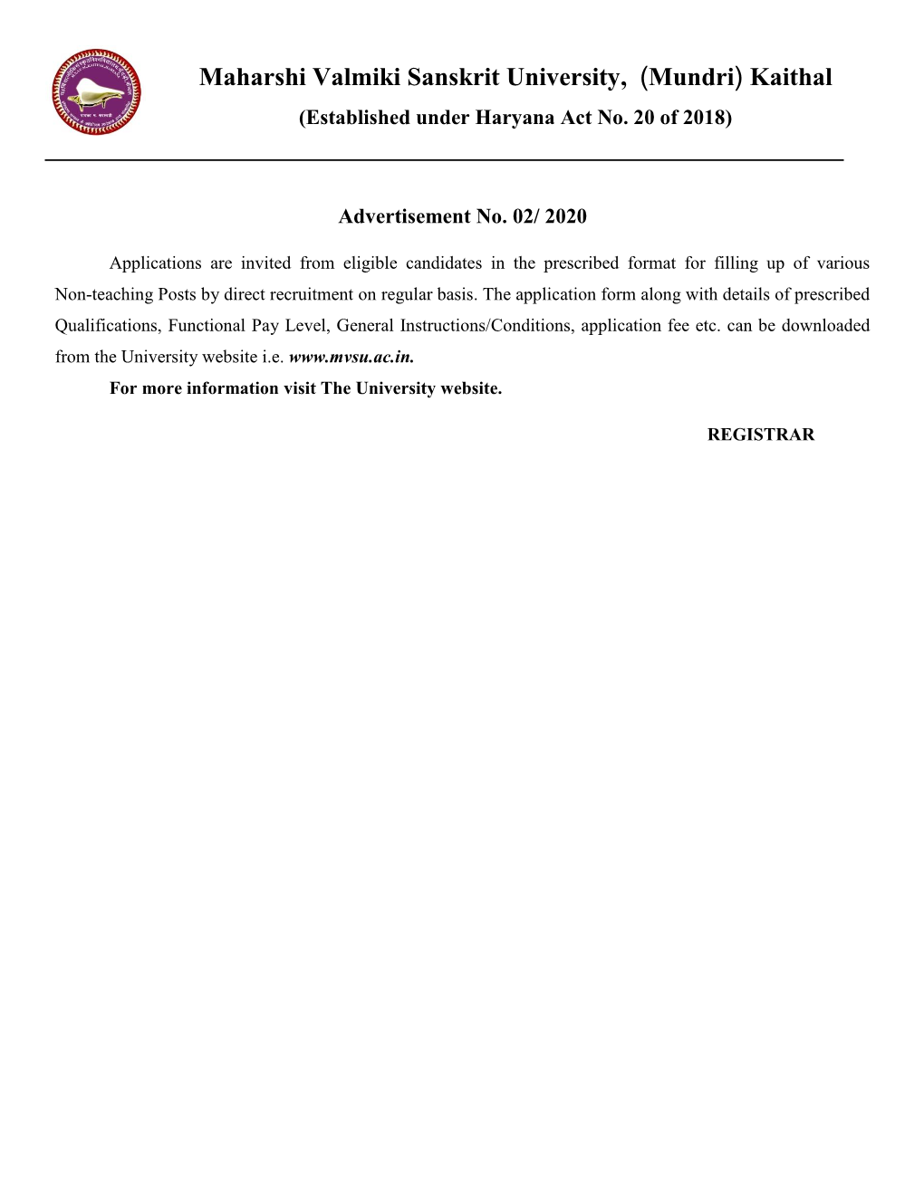 Maharshi Valmiki Sanskrit University, (Mundri) Kaithal (Established Under Haryana Act No